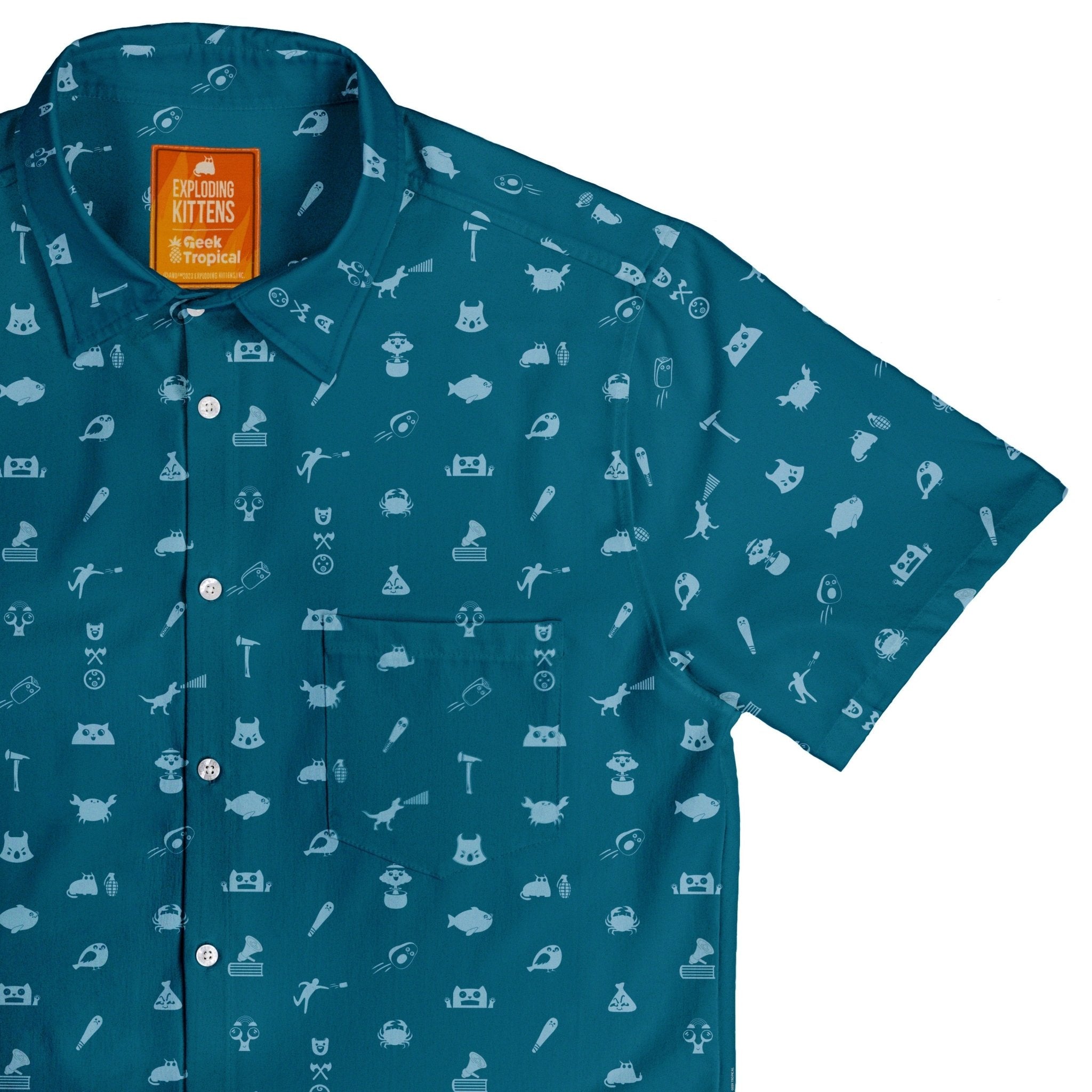 Iconic Exploding Kittens Button Up Shirt - adult sizing - Animal Patterns - board game print