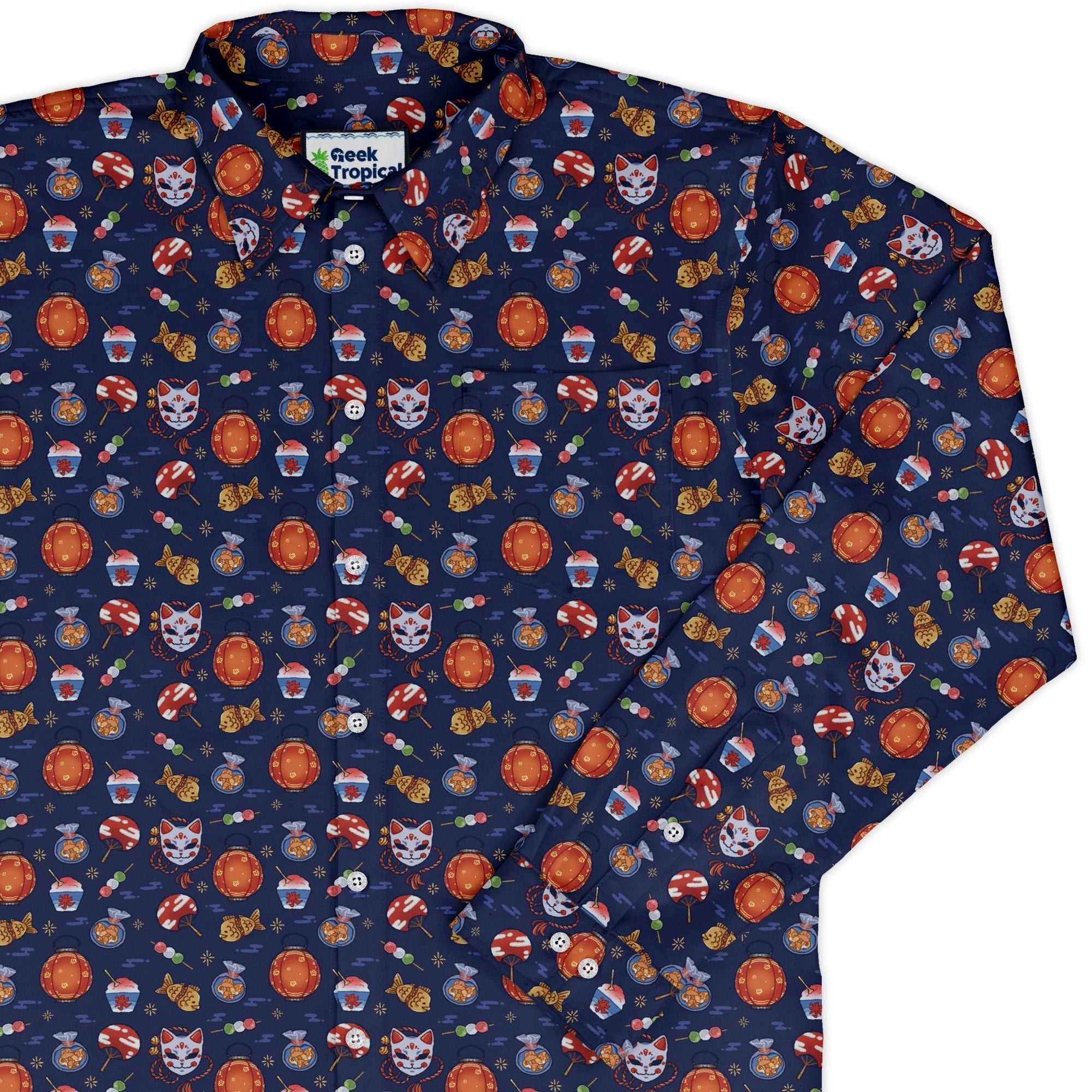 Japanese Festival Long Sleeve Button Up Shirt Geek Nerd adult sizing anime Design by Ardi Tong