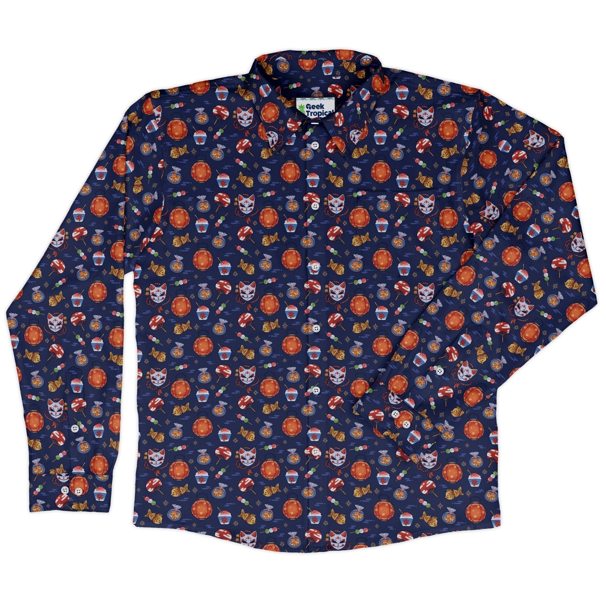 Japanese Festival Long Sleeve Button Up Shirt Geek Nerd adult sizing anime Design by Ardi Tong