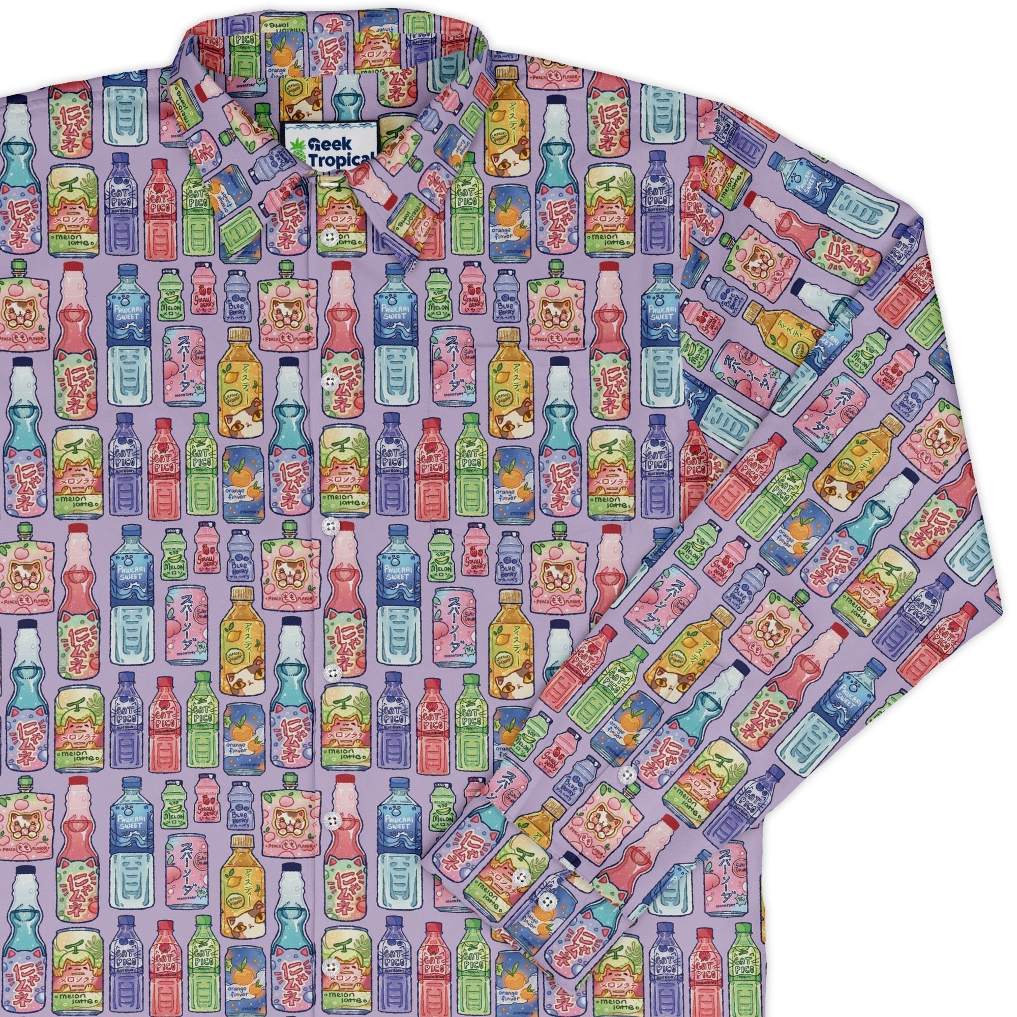 Japanese Vending Machine Drinks Long Sleeve Button Up Shirt Geek Nerd adult sizing anime Design by Ardi Tong