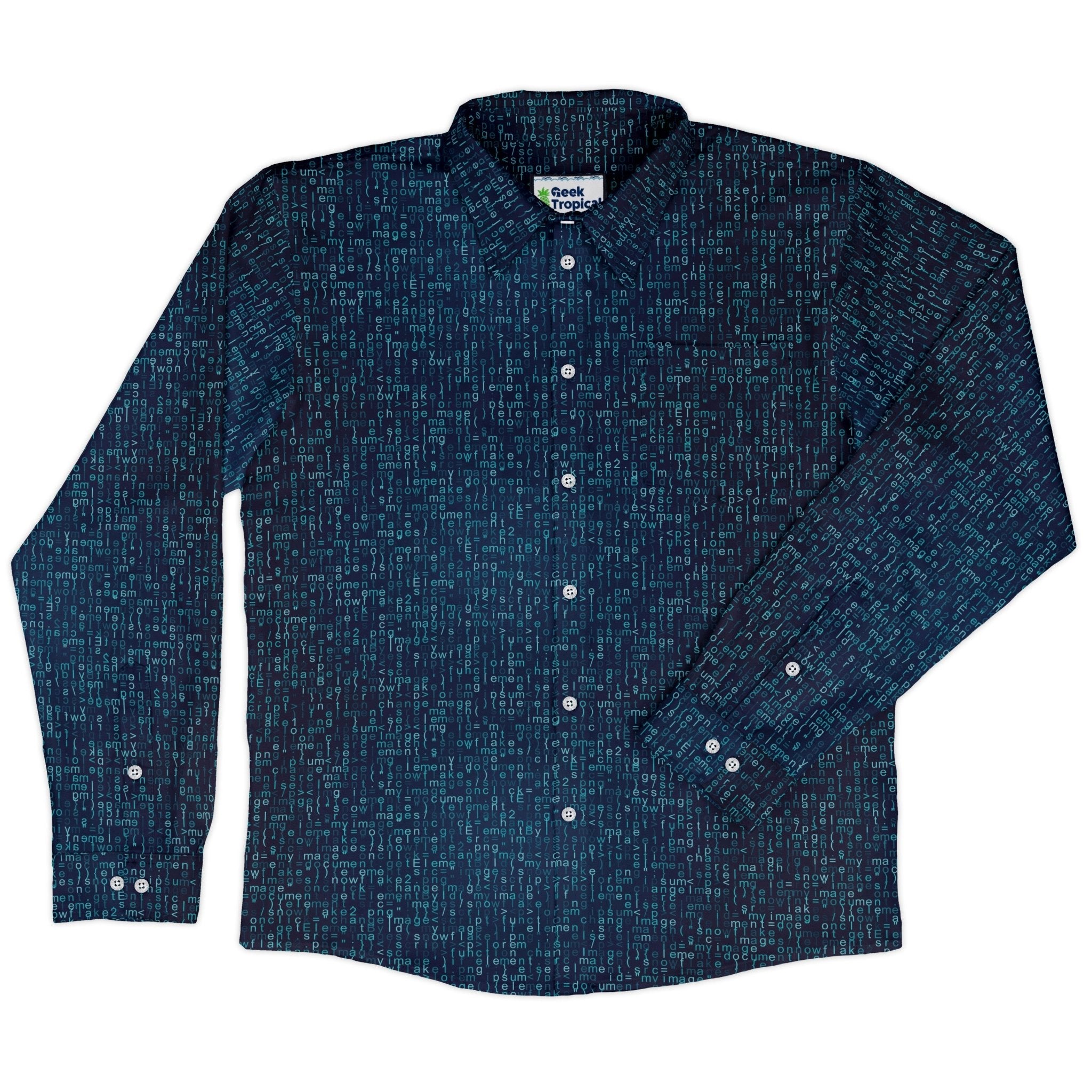 Javascript Computer Code Blue Long Sleeve Button Up Shirt Geek Nerd adult sizing computer print FLOW DESC WRITING