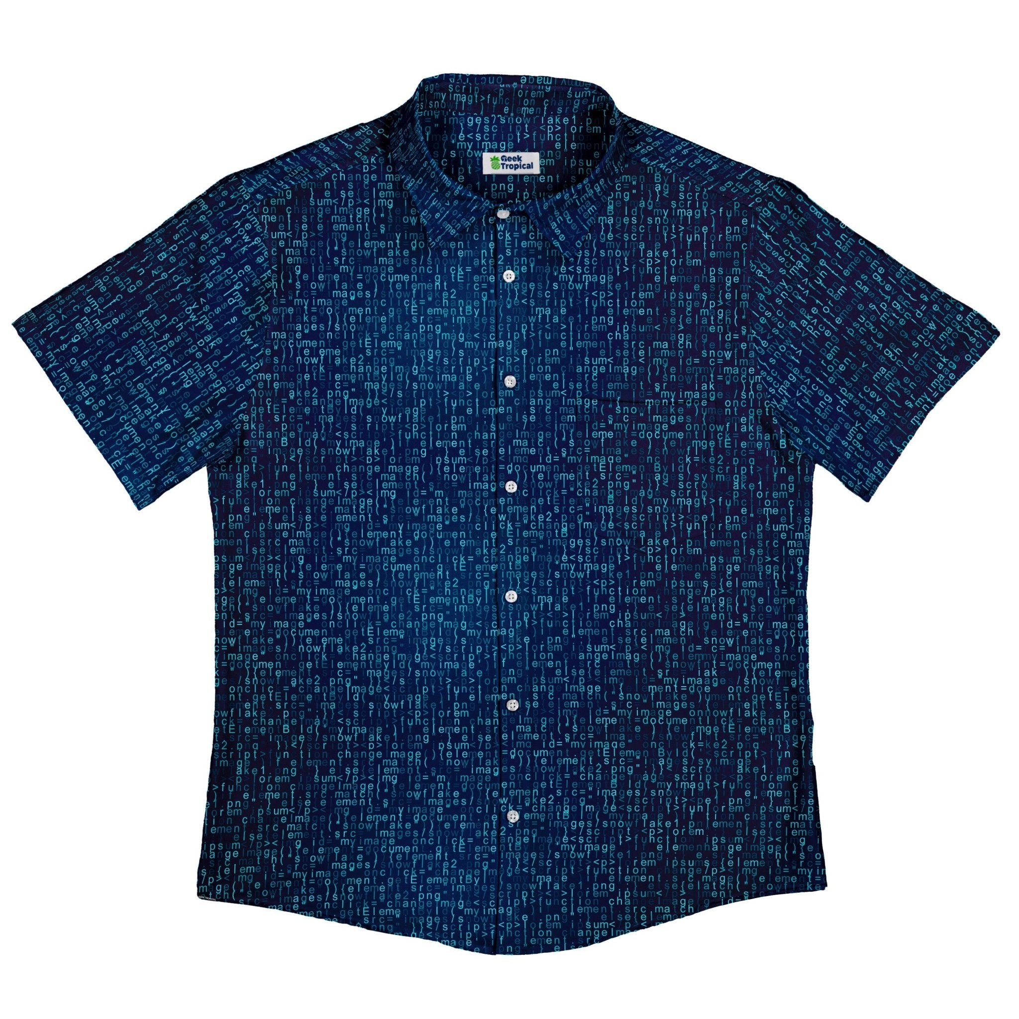 Javascript Computer Code Blue Button Up Shirt - adult sizing - computer print - Simple Patterns