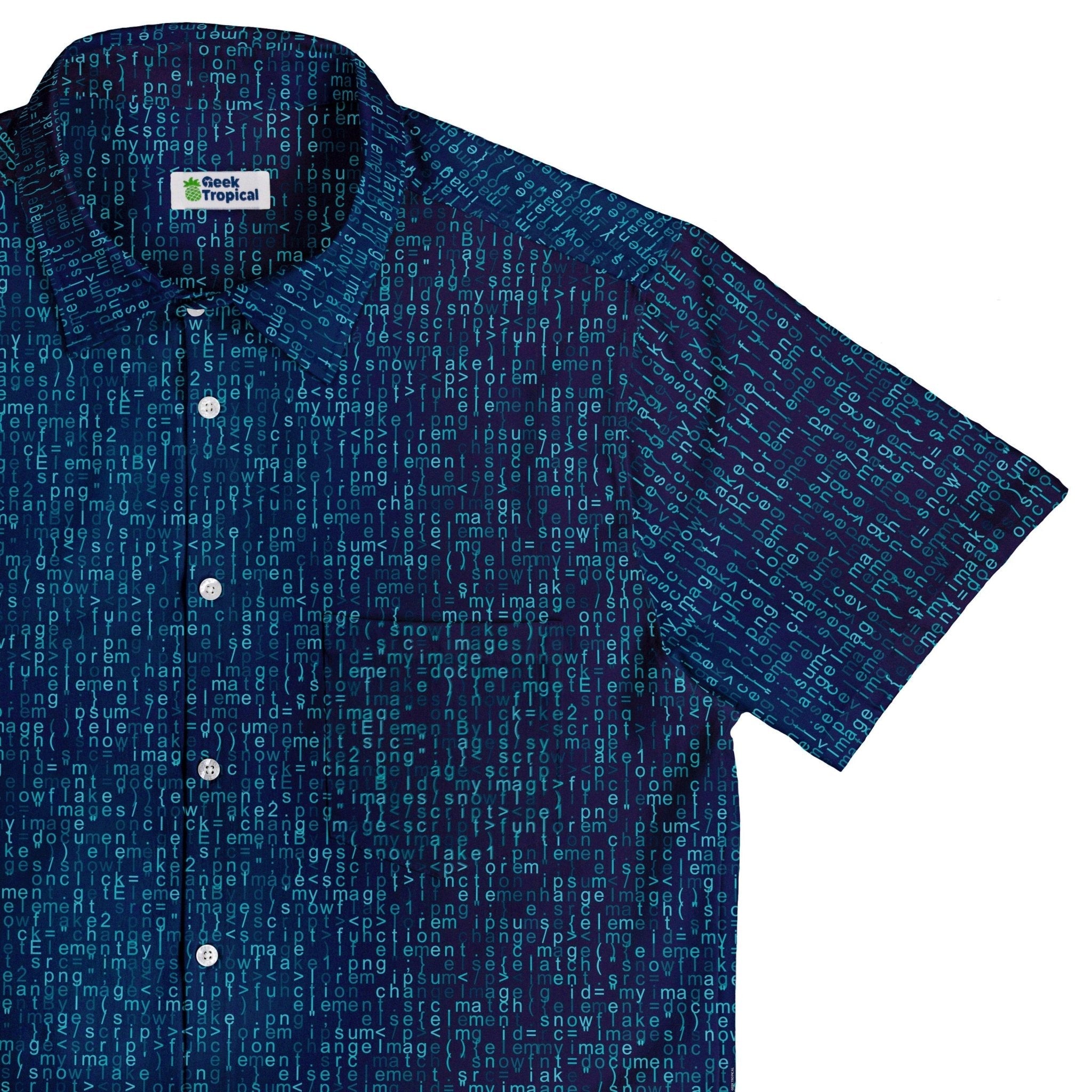 Ready-to-Ship Javascript Computer Code Blue Button Up Shirt - adult sizing - computer print - ready-to-ship