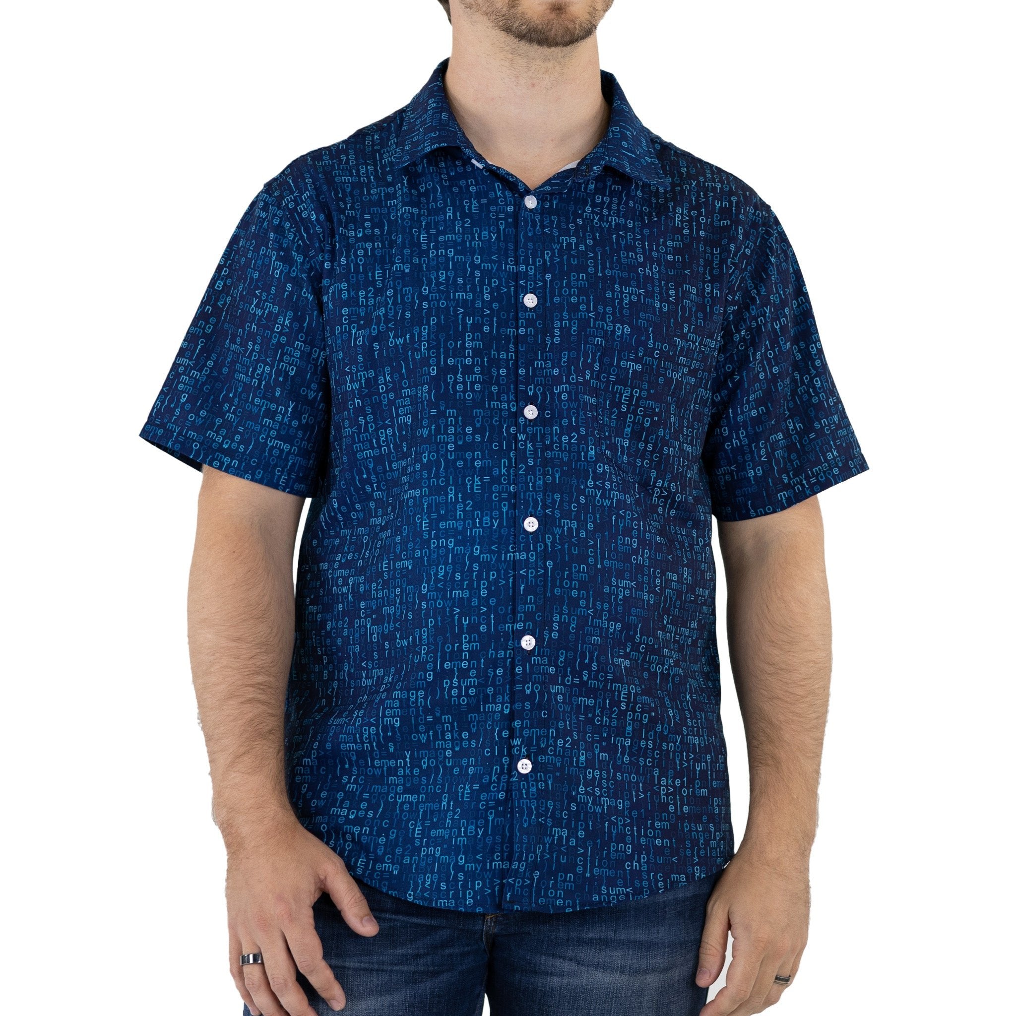 Javascript Computer Code Blue Button Up Shirt - adult sizing - computer print - Simple Patterns