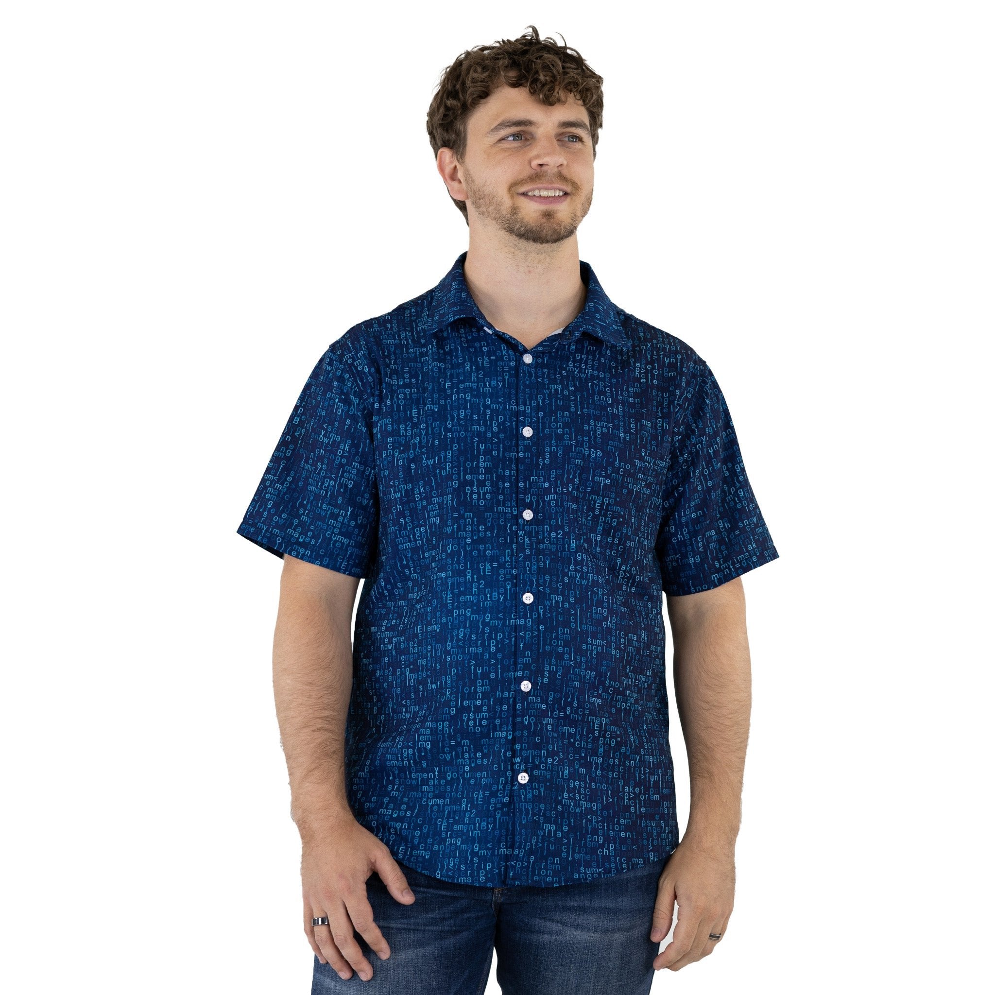 Javascript Computer Code Blue Button Up Shirt - adult sizing - computer print - Simple Patterns