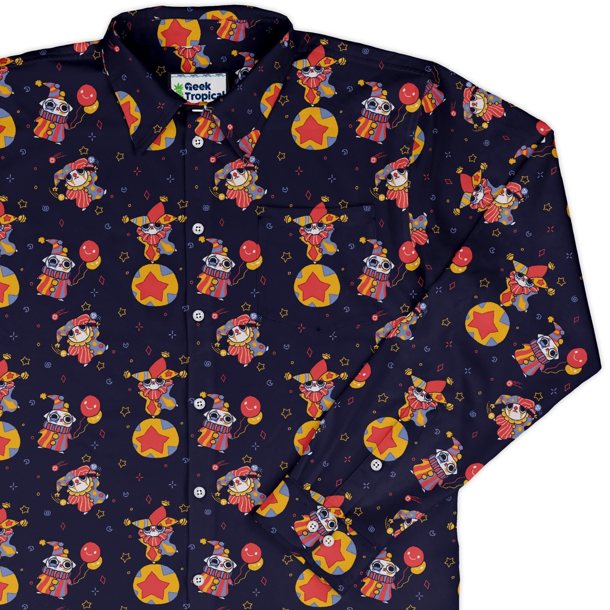 Jester Cats Long Sleeve Button Up Shirt Geek Nerd adult sizing Design by Ardi Tong FLOW DESC WRITING