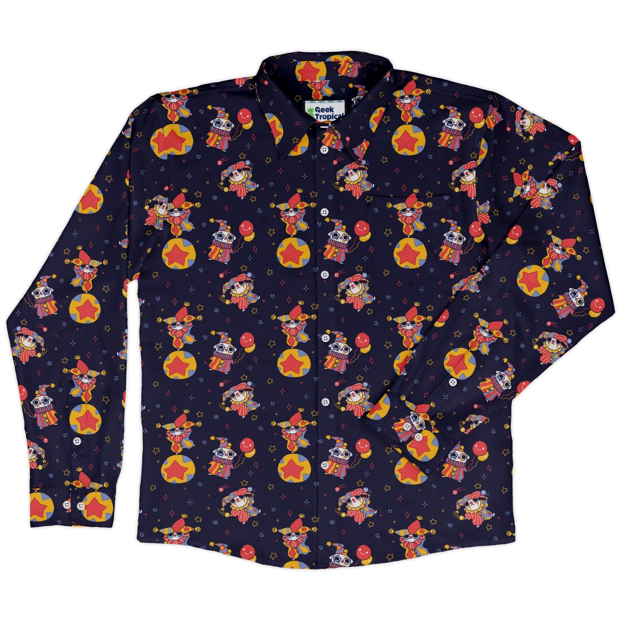 Jester Cats Long Sleeve Button Up Shirt Geek Nerd adult sizing Design by Ardi Tong FLOW DESC WRITING
