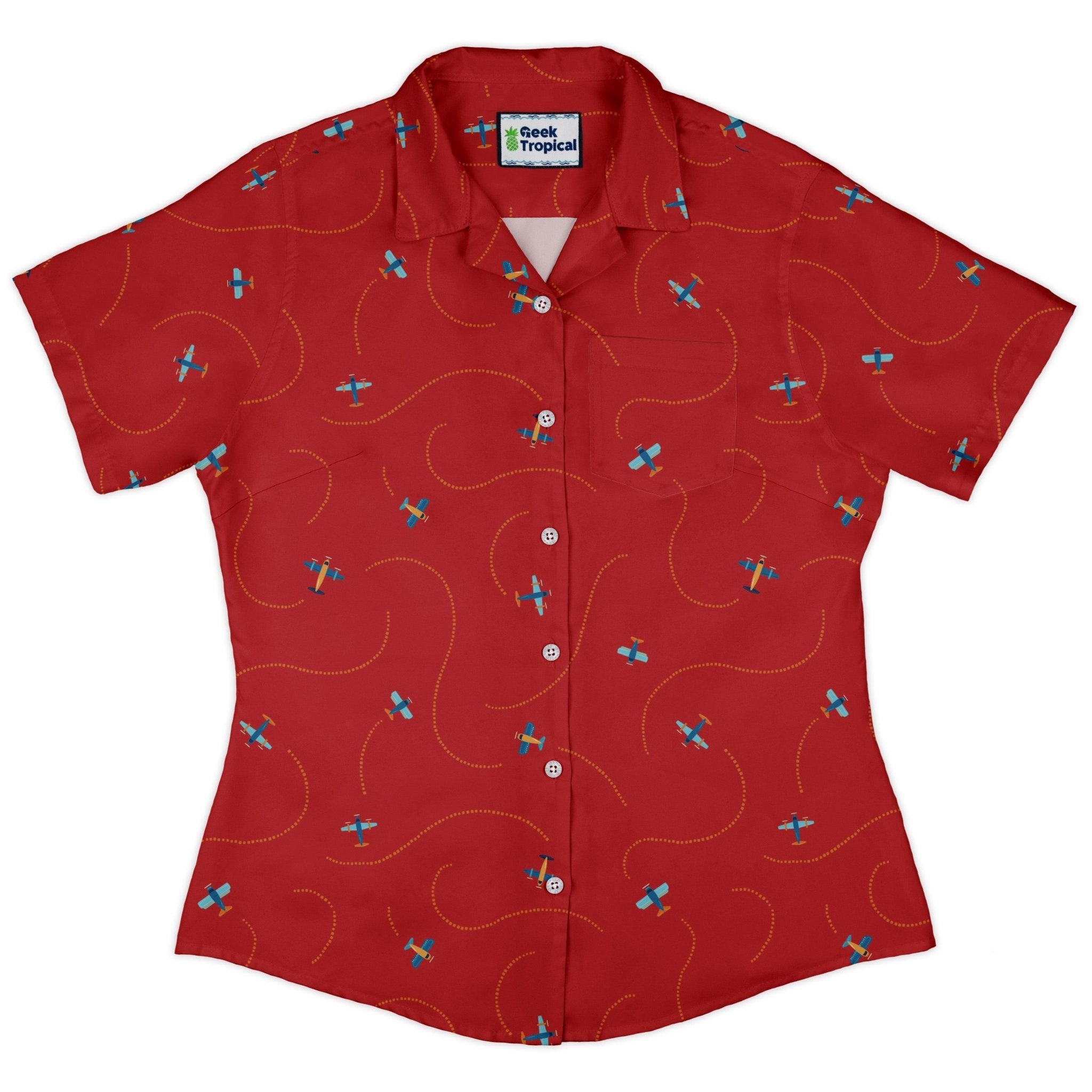 Plane Contrails Curvy Button Up Shirt Geek Nerd aviation print Design by Zirkus Design q225