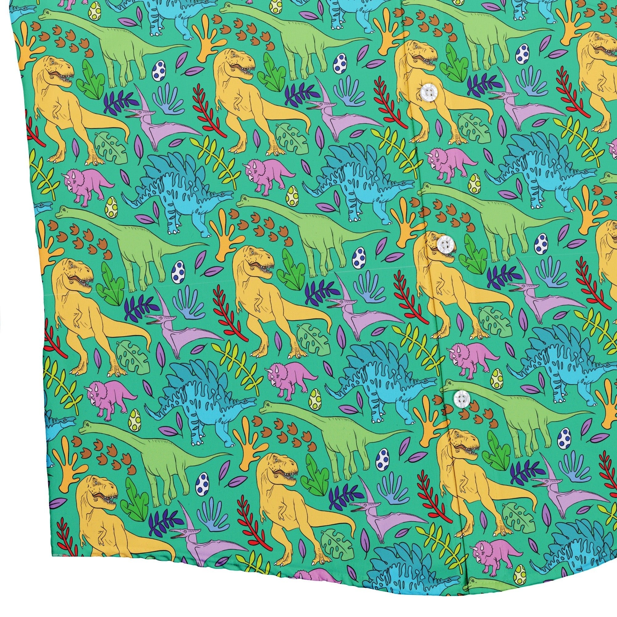 Jurassic Jungle Button Up Shirt Geek Nerd adult sizing Design by Julie Kitzes dinosaur print