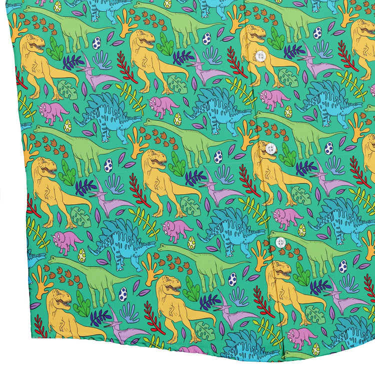 Jurassic Jungle Button Up Shirt Geek Nerd adult sizing Design by Julie Kitzes dinosaur print