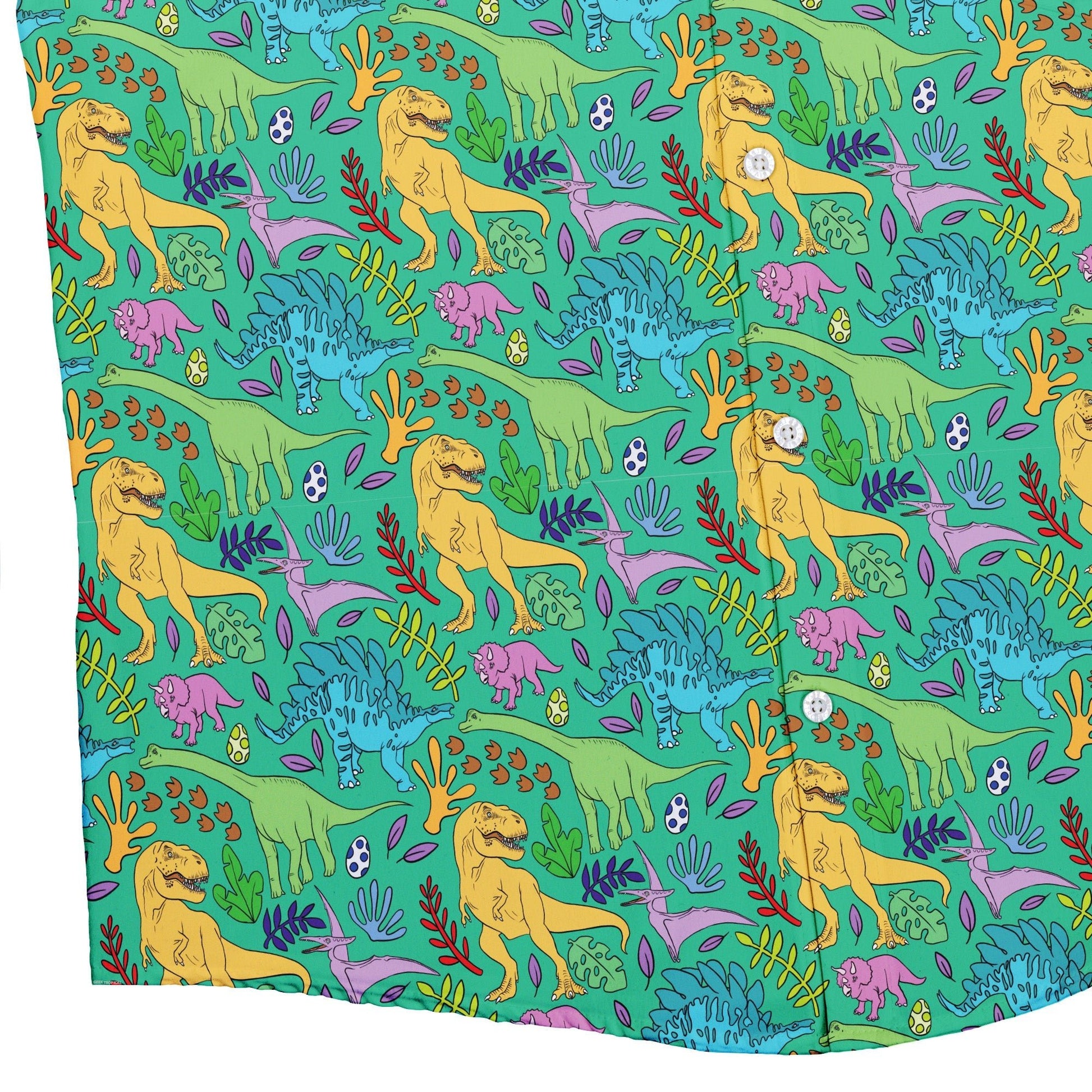 Jurassic Jungle Button Up Shirt Geek Nerd adult sizing Design by Julie Kitzes dinosaur print