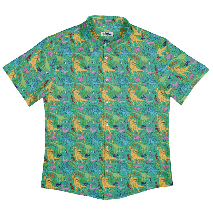 Jurassic Jungle Button Up Shirt Geek Nerd adult sizing Design by Julie Kitzes dinosaur print