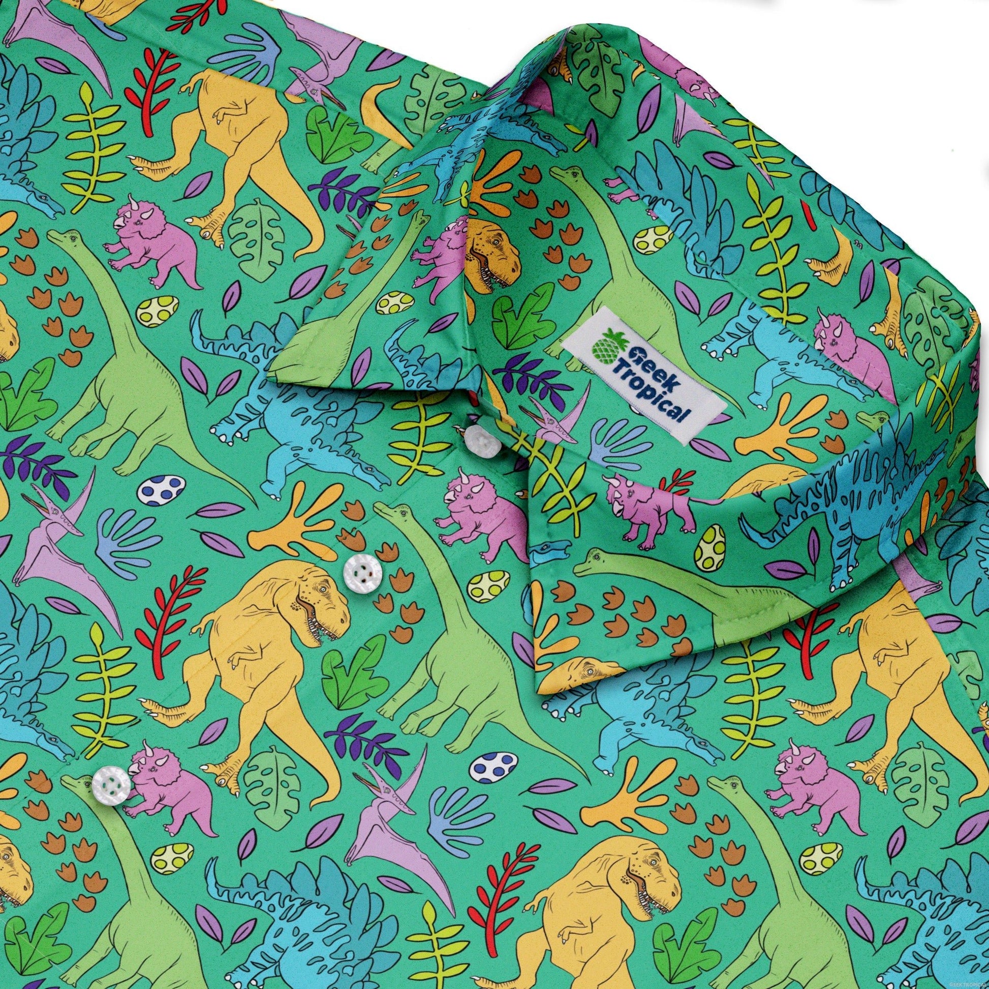 Jurassic Jungle Button Up Shirt Geek Nerd adult sizing Design by Julie Kitzes dinosaur print