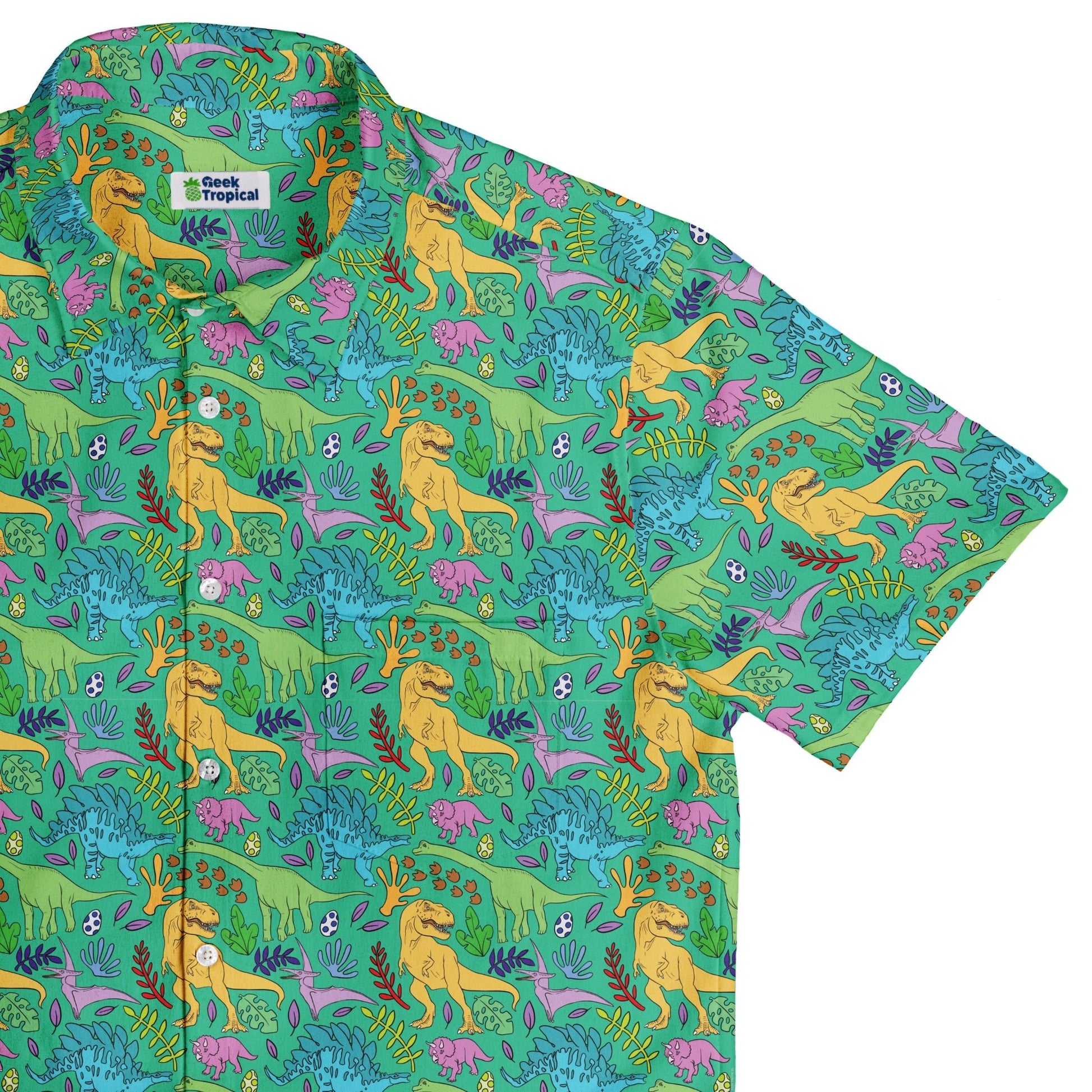 Jurassic Jungle Button Up Shirt Geek Nerd adult sizing Design by Julie Kitzes dinosaur print