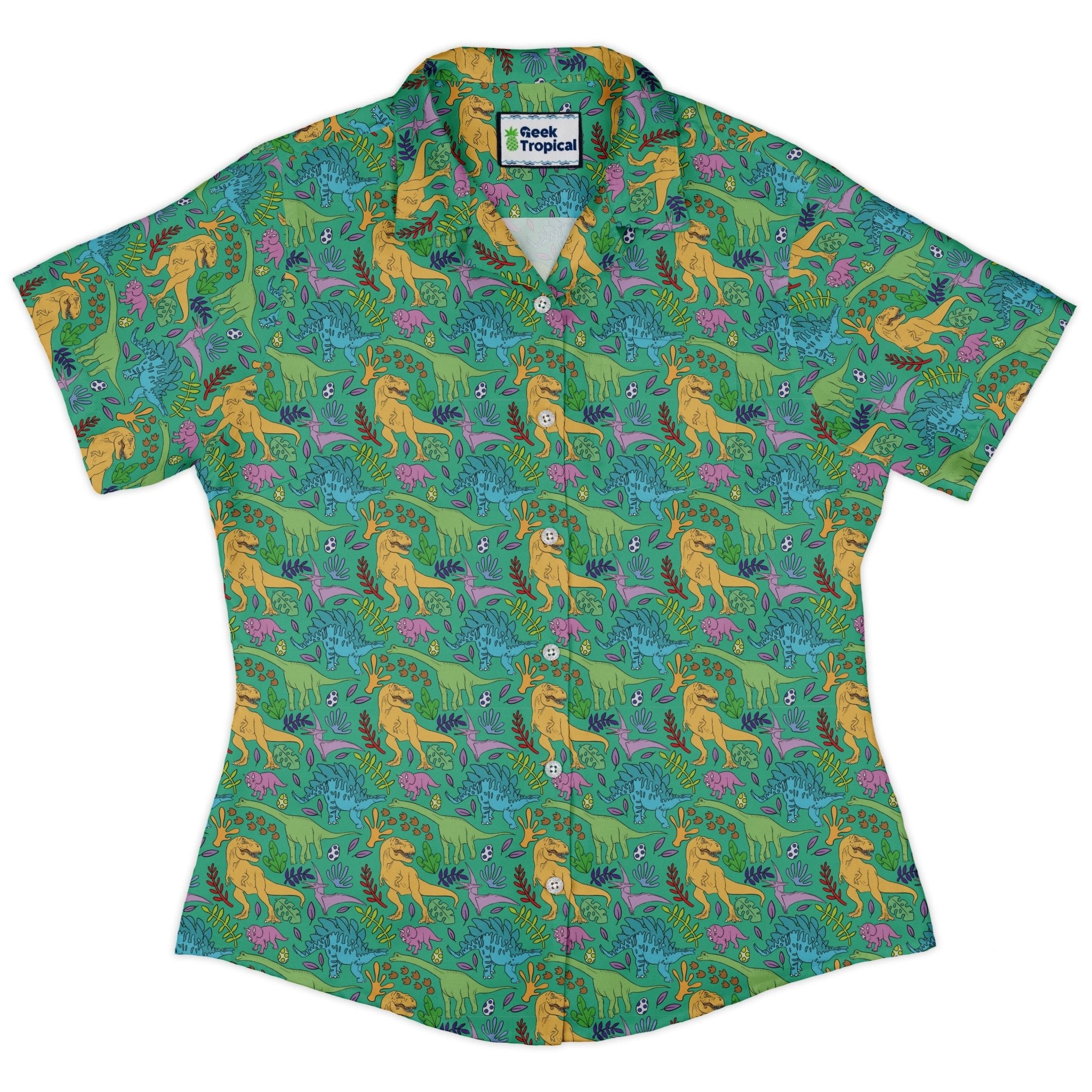 Jurassic Jungle Curvy Button Up Shirt Geek Nerd Design by Julie Kitzes dinosaur print q225