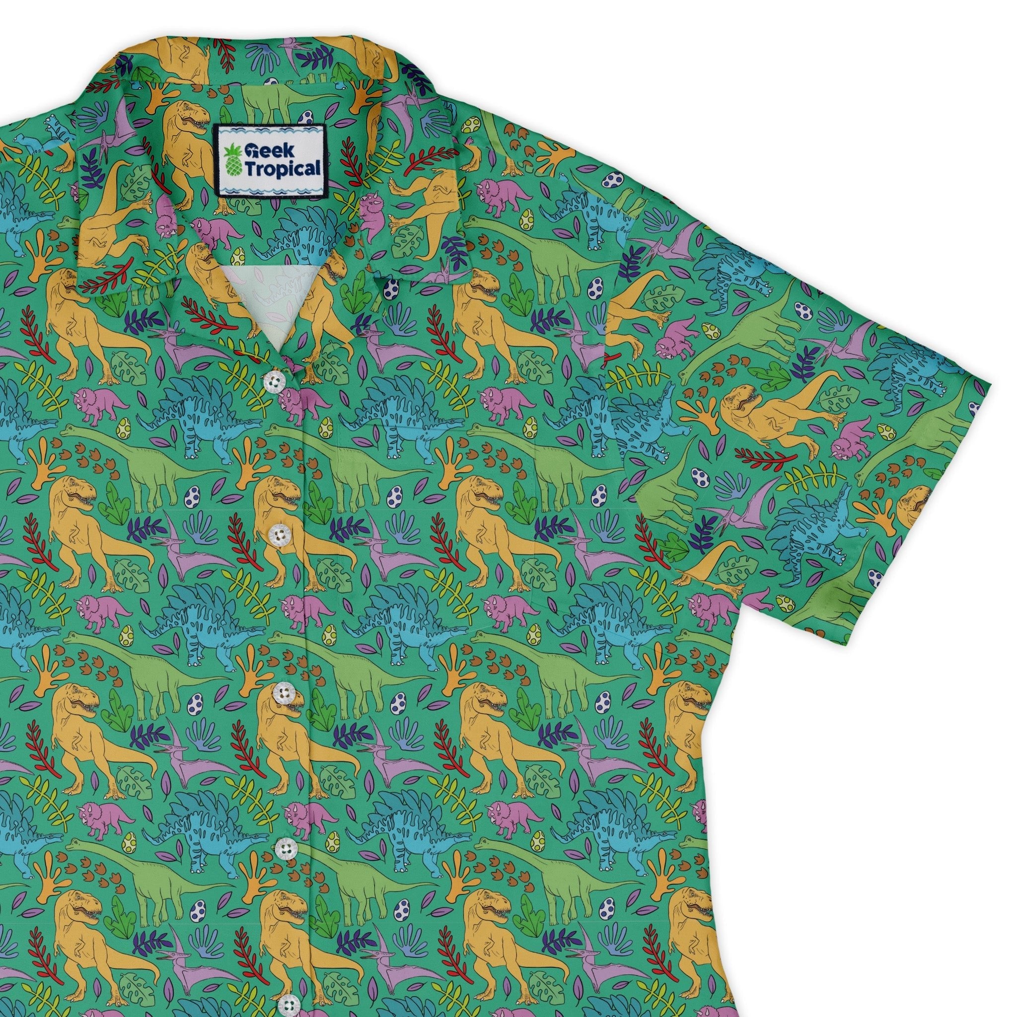 Jurassic Jungle Curvy Button Up Shirt Geek Nerd Design by Julie Kitzes dinosaur print q225