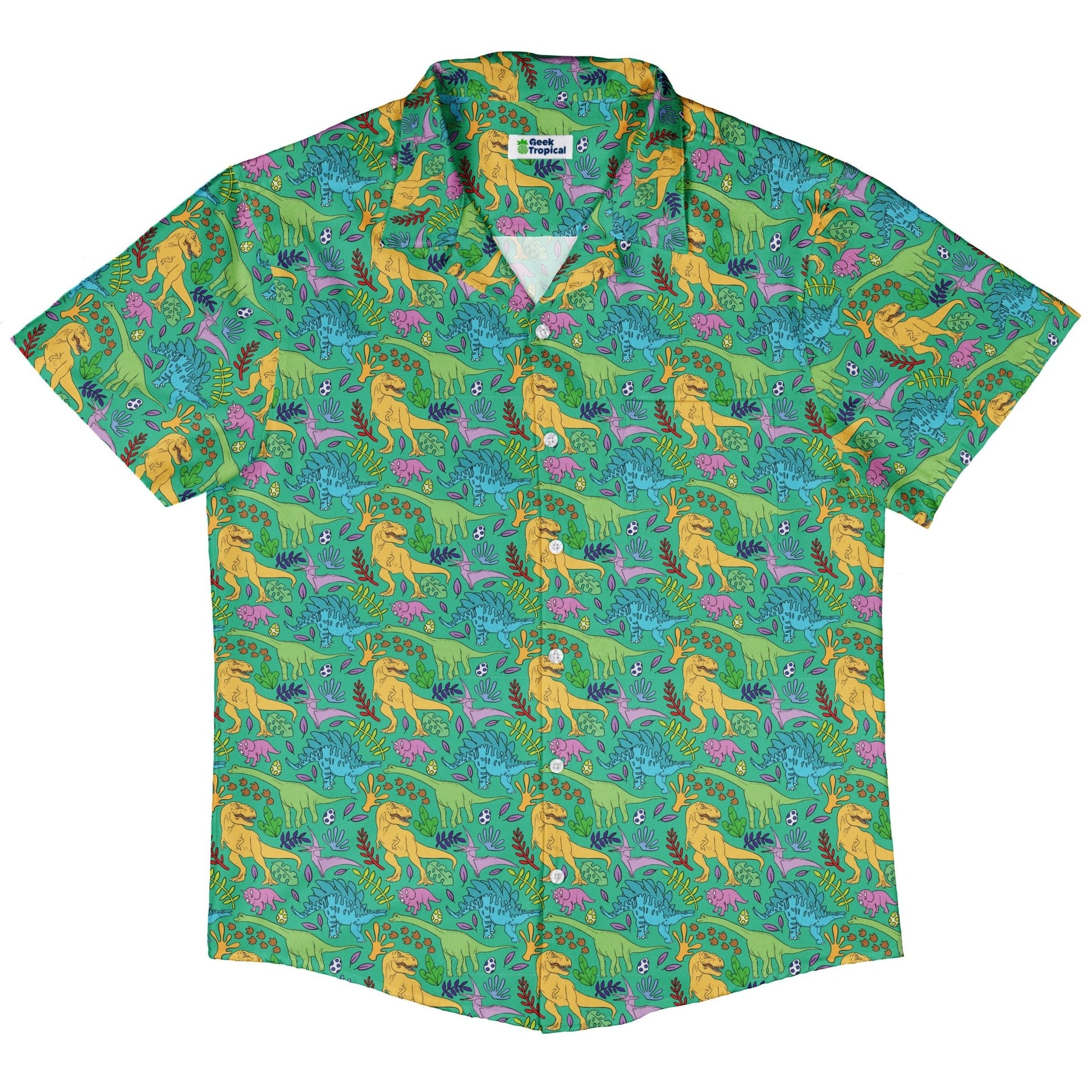 Jurassic Jungle Button Up Shirt Geek Nerd adult sizing Design by Julie Kitzes dinosaur print