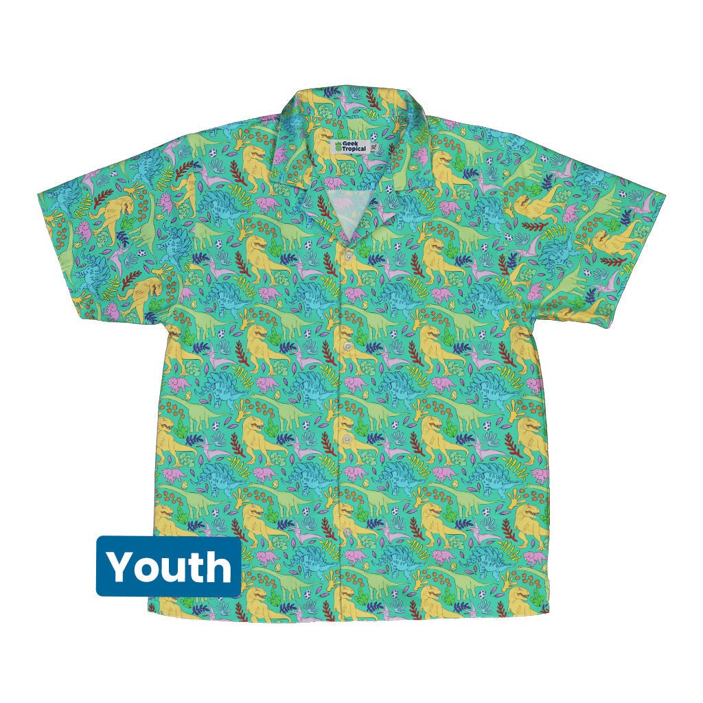 Jurassic Jungle Youth Hawaiian Shirt Geek Nerd Design by Julie Kitzes dinosaur print q225