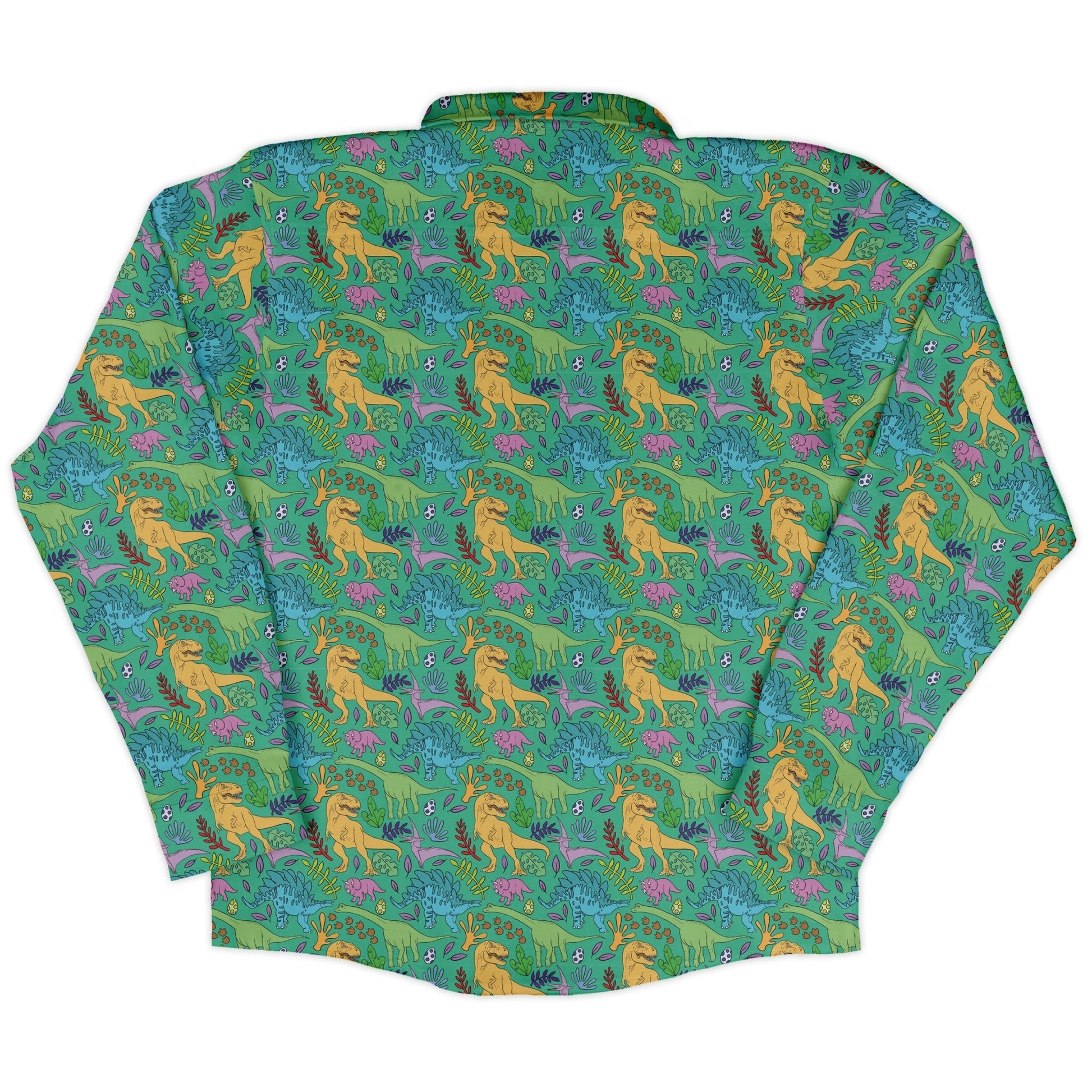 Jurassic Jungle Long Sleeve Button Up Shirt Geek Nerd adult sizing Design by Julie Kitzes dinosaur print