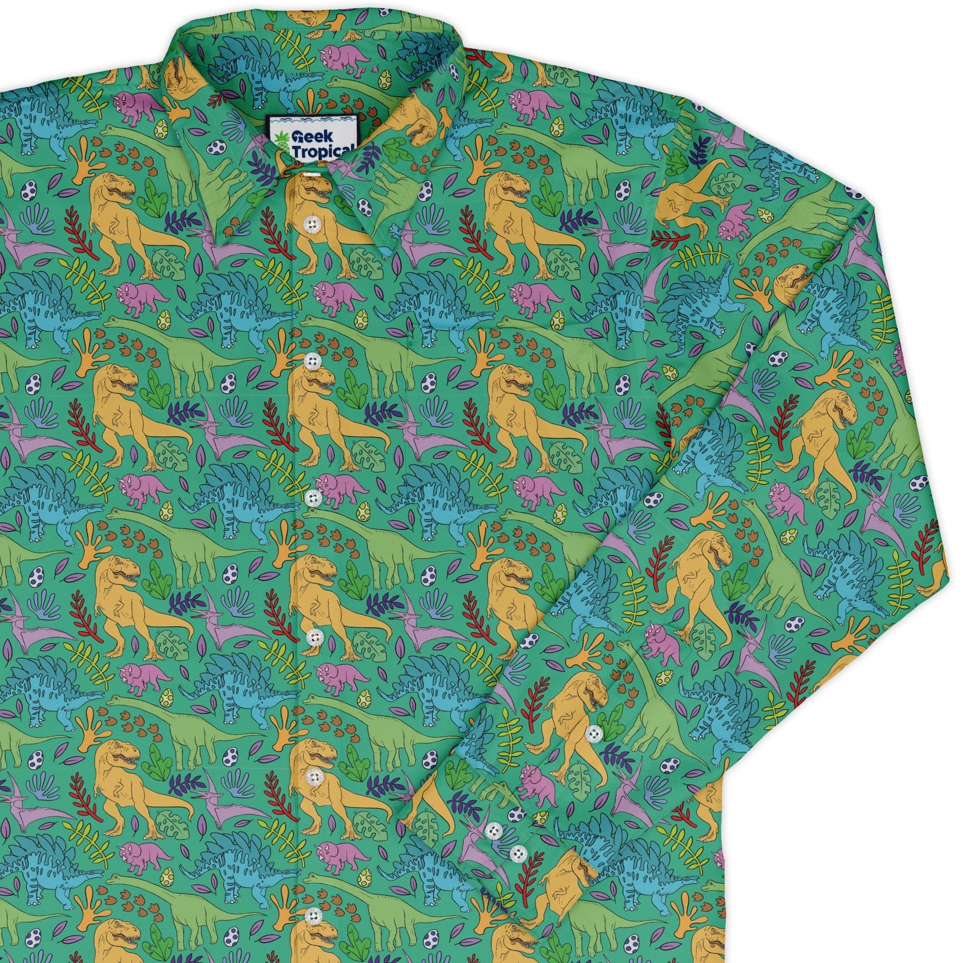 Jurassic Jungle Long Sleeve Button Up Shirt Geek Nerd adult sizing Design by Julie Kitzes dinosaur print