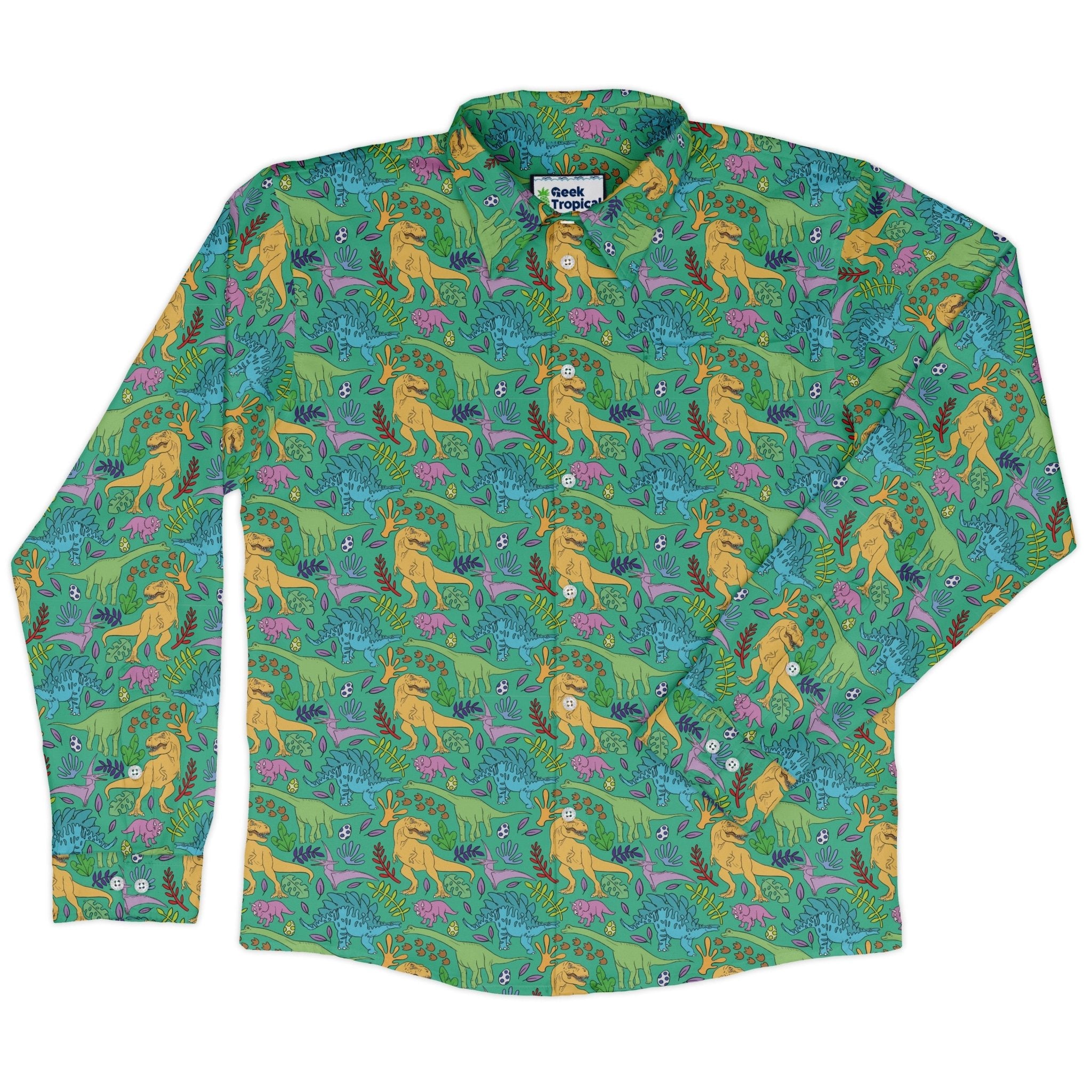 Jurassic Jungle Long Sleeve Button Up Shirt Geek Nerd adult sizing Design by Julie Kitzes dinosaur print