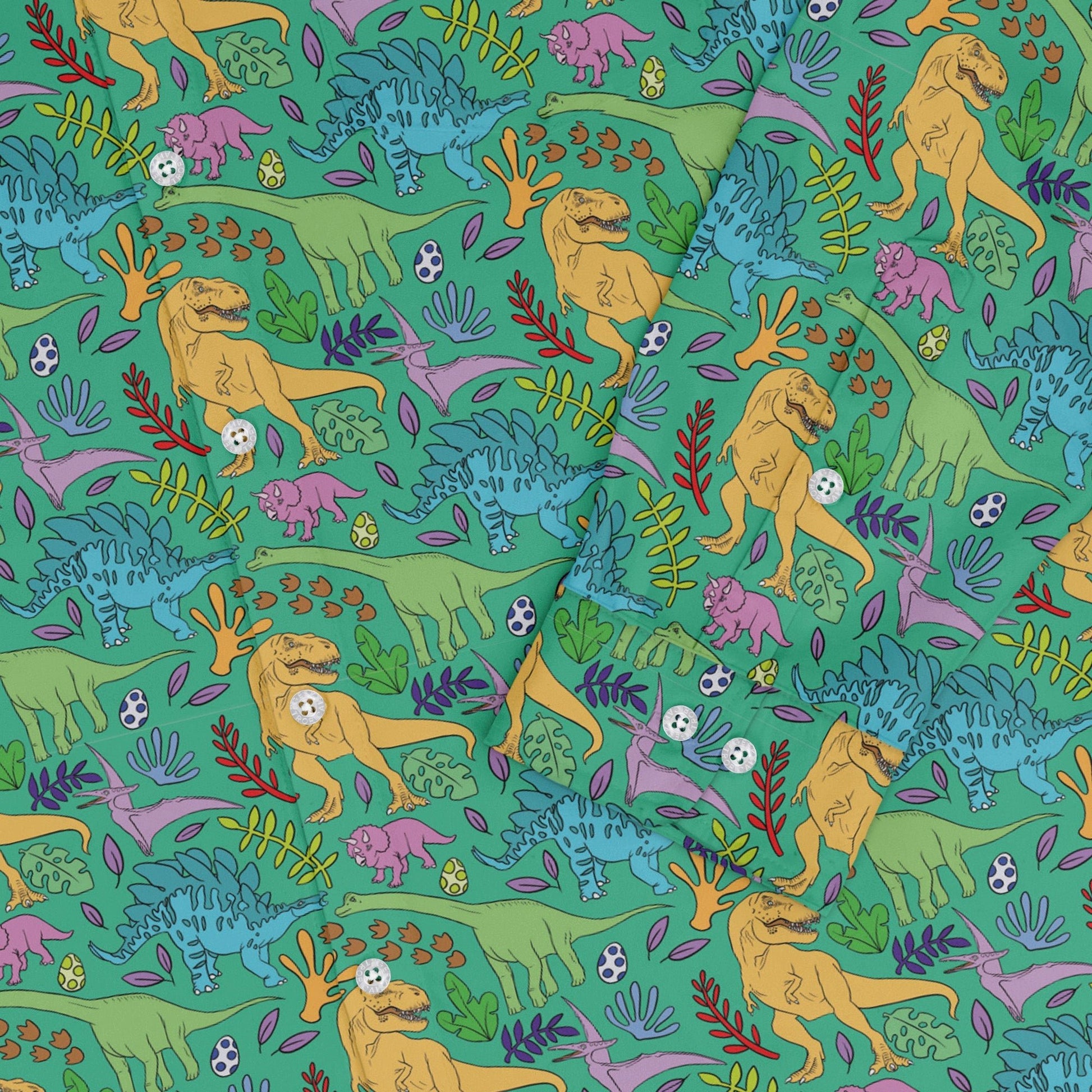 Jurassic Jungle Long Sleeve Button Up Shirt Geek Nerd adult sizing Design by Julie Kitzes dinosaur print