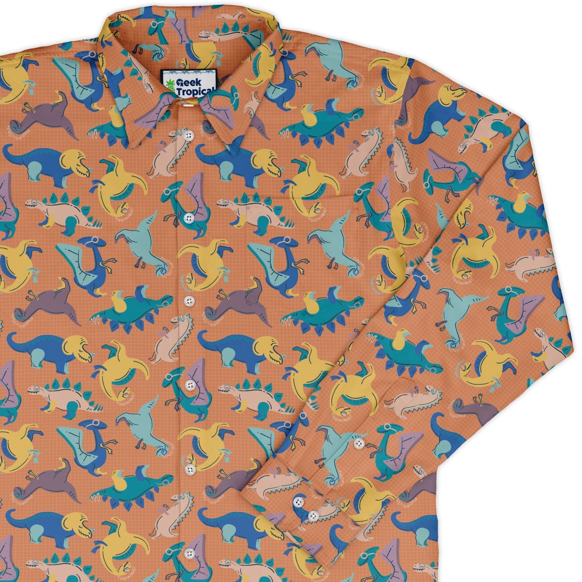 Just Dinosaur Long Sleeve Button Up Shirt Geek Nerd adult sizing Design by Zirkus Design dinosaur print