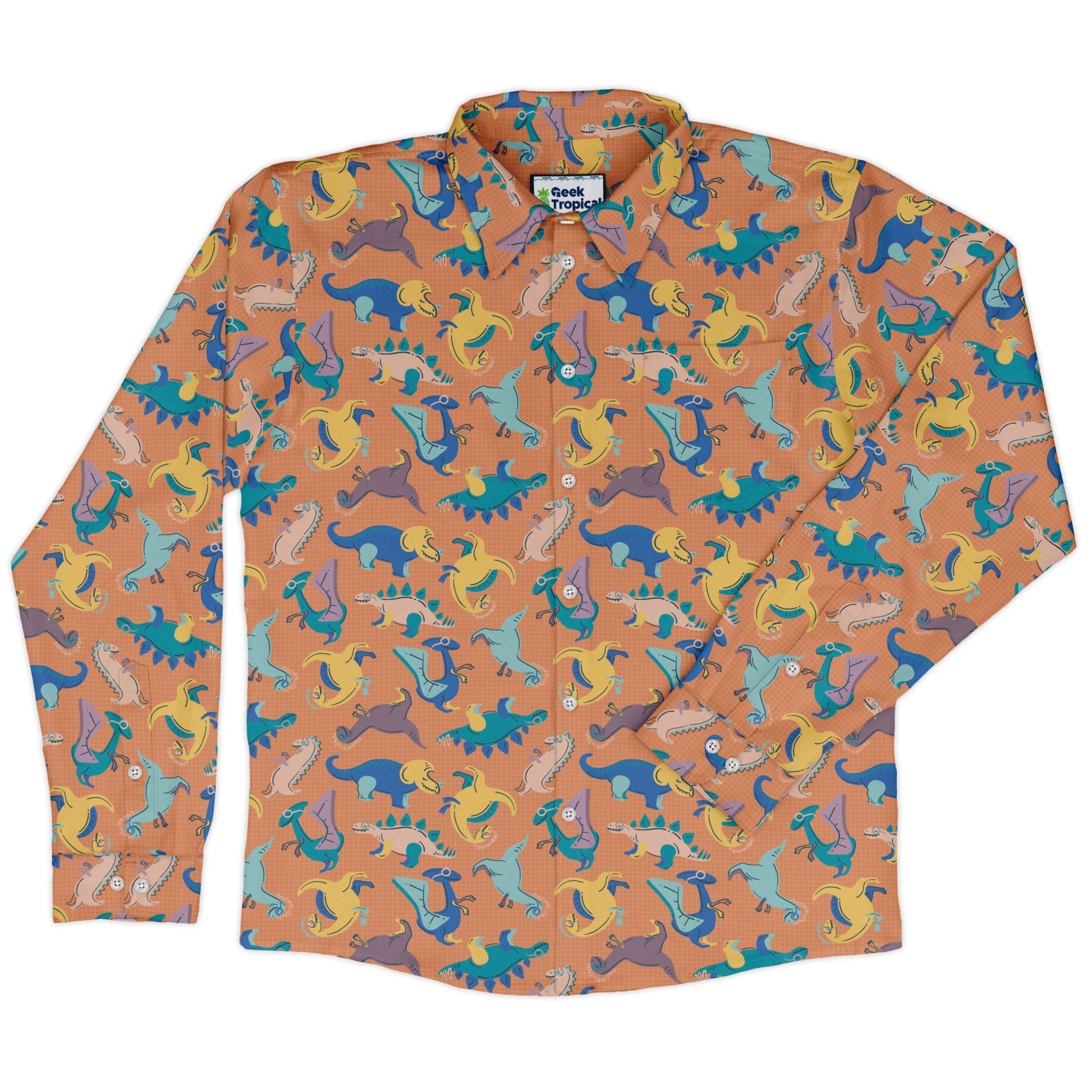 Just Dinosaur Long Sleeve Button Up Shirt Geek Nerd adult sizing Design by Zirkus Design dinosaur print