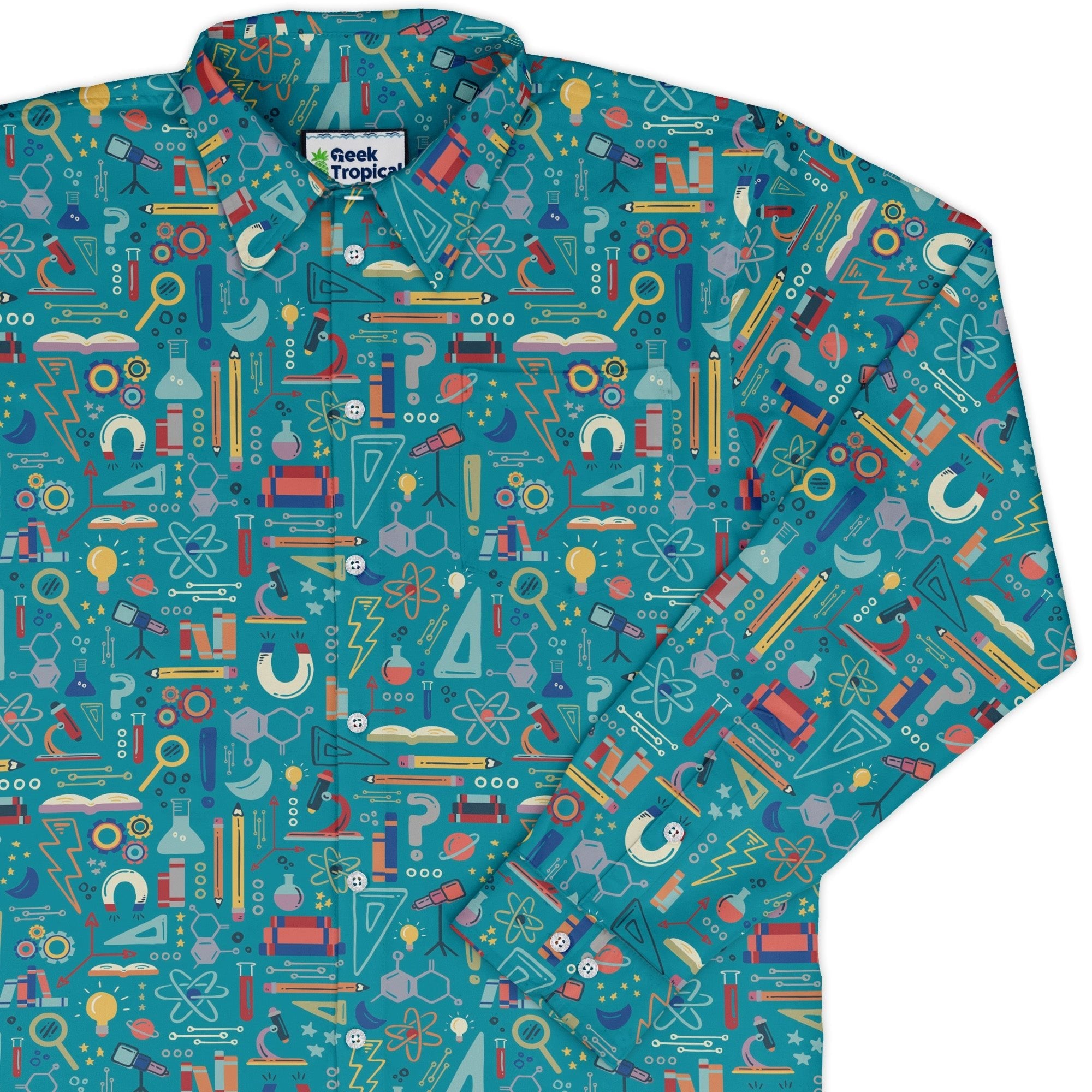 Just Science Long Sleeve Button Up Shirt Geek Nerd adult sizing Design by Zirkus Design FLOW DESC WRITING