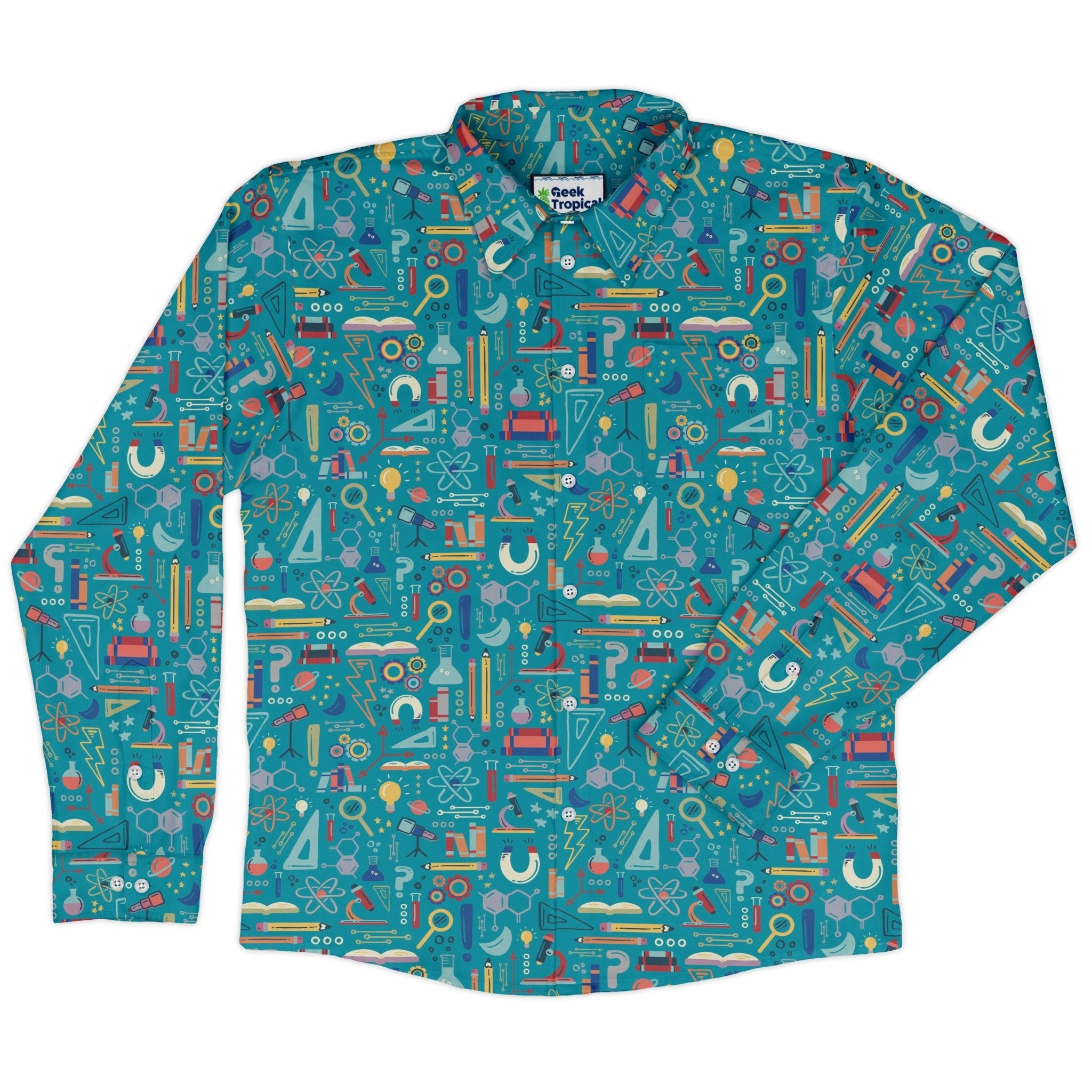 Just Science Long Sleeve Button Up Shirt Geek Nerd adult sizing Design by Zirkus Design FLOW DESC WRITING