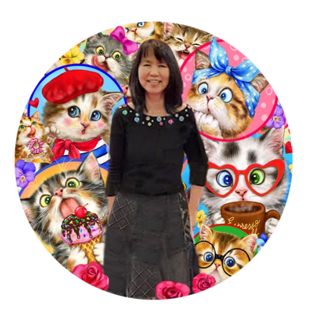 A woman stands centered in front of a large circular printed graphic featuring many cartoon cats with colorful accessories and patterns.