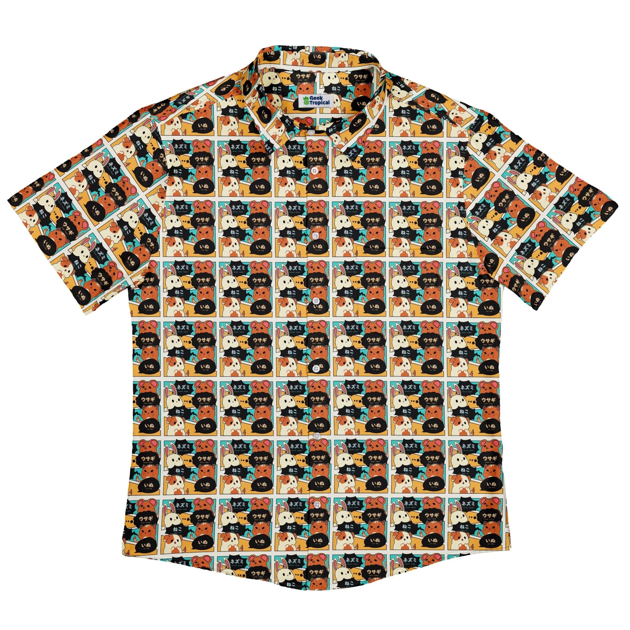 Kawaii Animal Comic Panel Teal Button Up Shirt - adult sizing - Animal Patterns - Anime