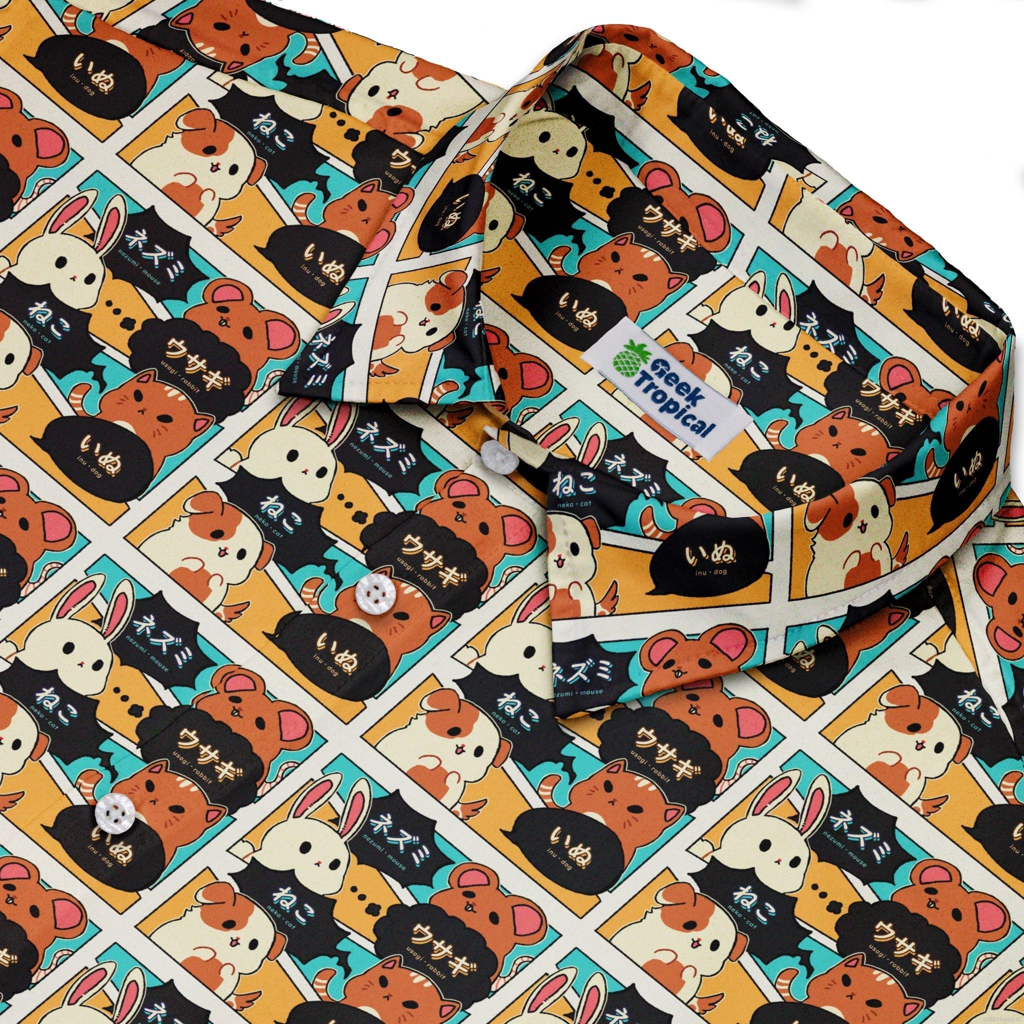 Kawaii Animal Comic Panel Teal Button Up Shirt - adult sizing - Animal Patterns - Anime