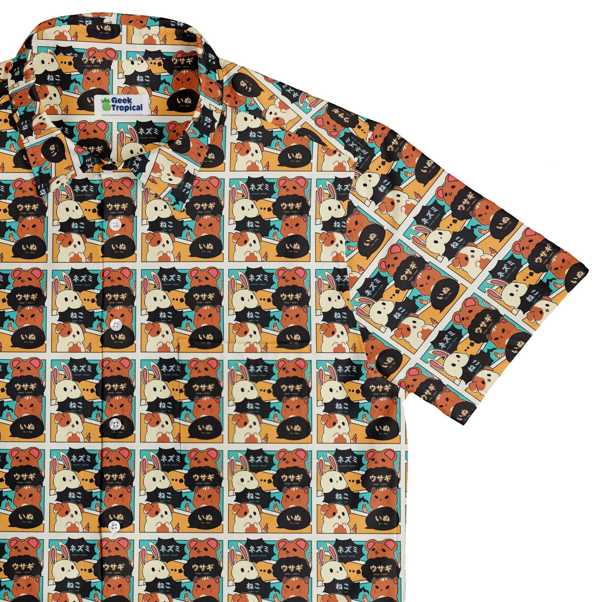 Kawaii Animal Comic Panel Teal Button Up Shirt - adult sizing - Animal Patterns - Anime