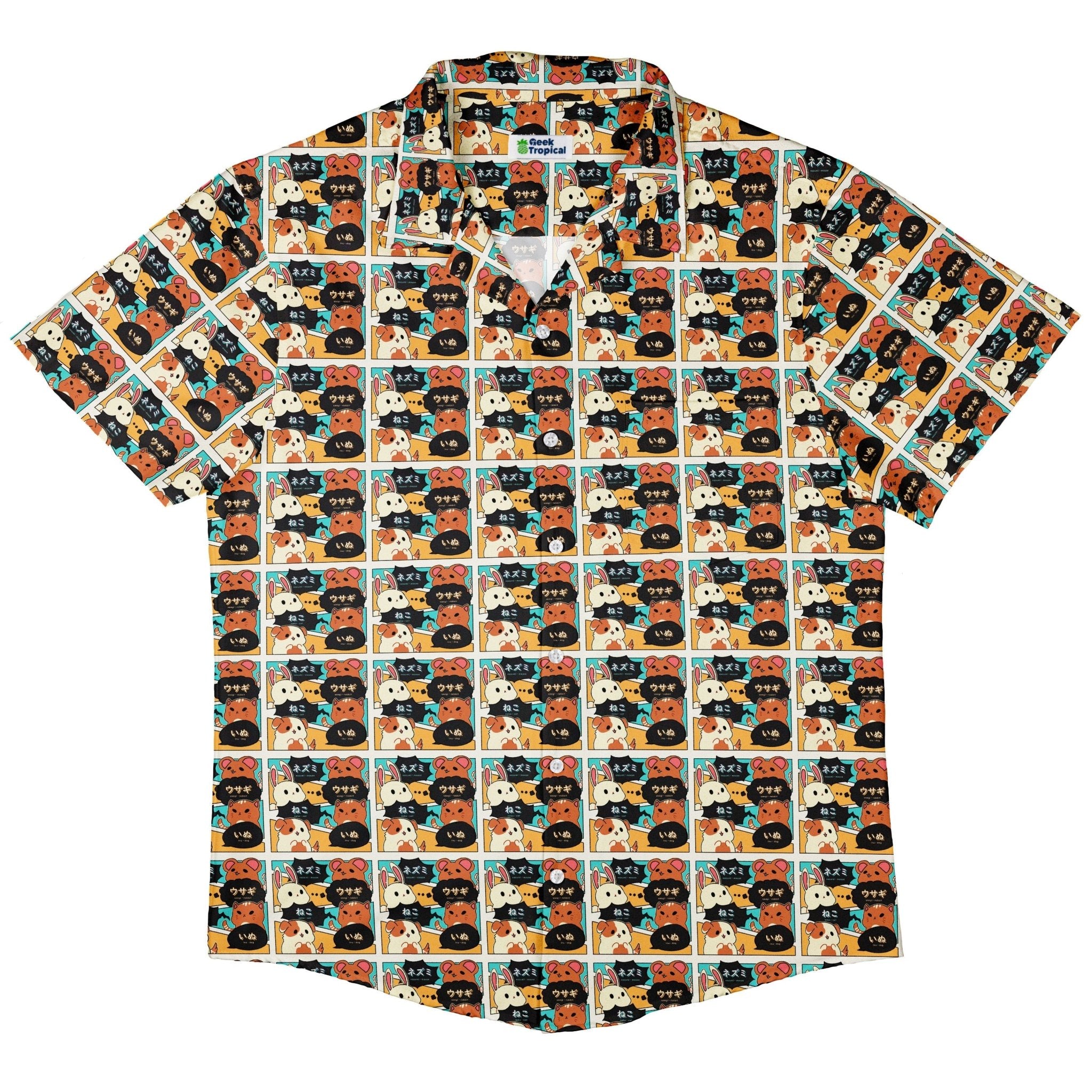 Kawaii Animal Comic Panel Teal Button Up Shirt - adult sizing - Animal Patterns - Anime