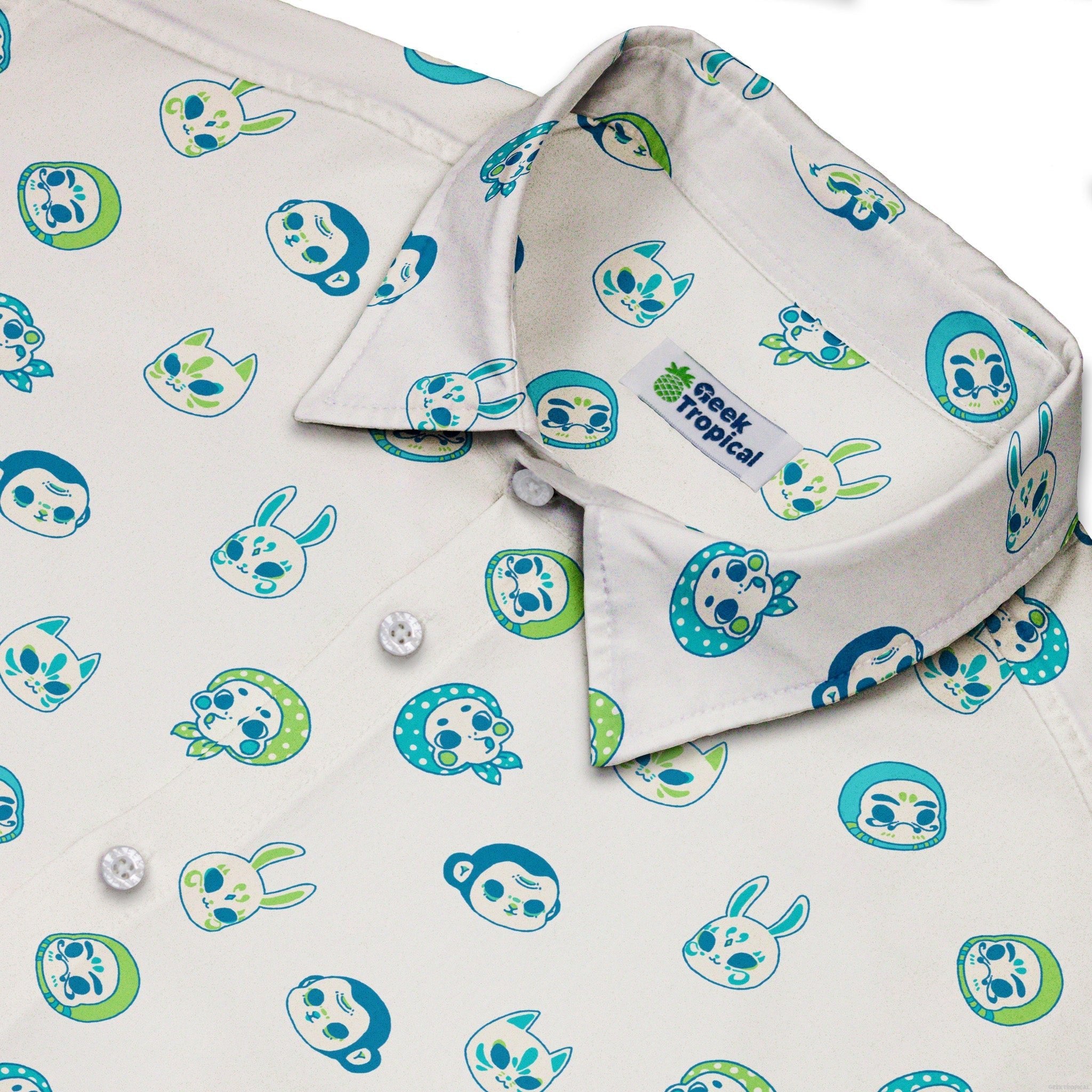 Kawaii Masks Parade Blue Light Button Up Shirt - adult sizing - Anime - Design by Ardi Tong