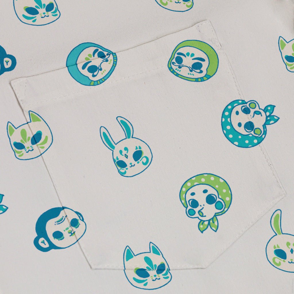 Kawaii Masks Parade Blue Light Button Up Shirt - adult sizing - Anime - Design by Ardi Tong