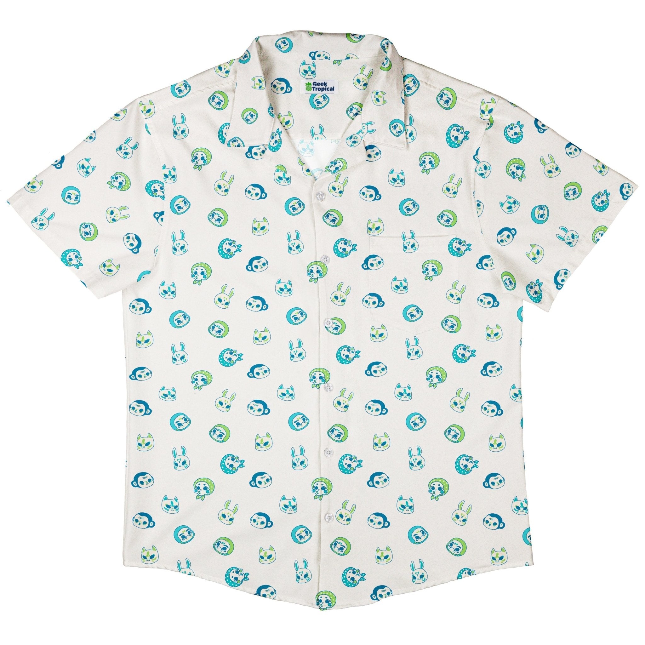 Kawaii Masks Parade Blue Light Button Up Shirt - adult sizing - Anime - Design by Ardi Tong