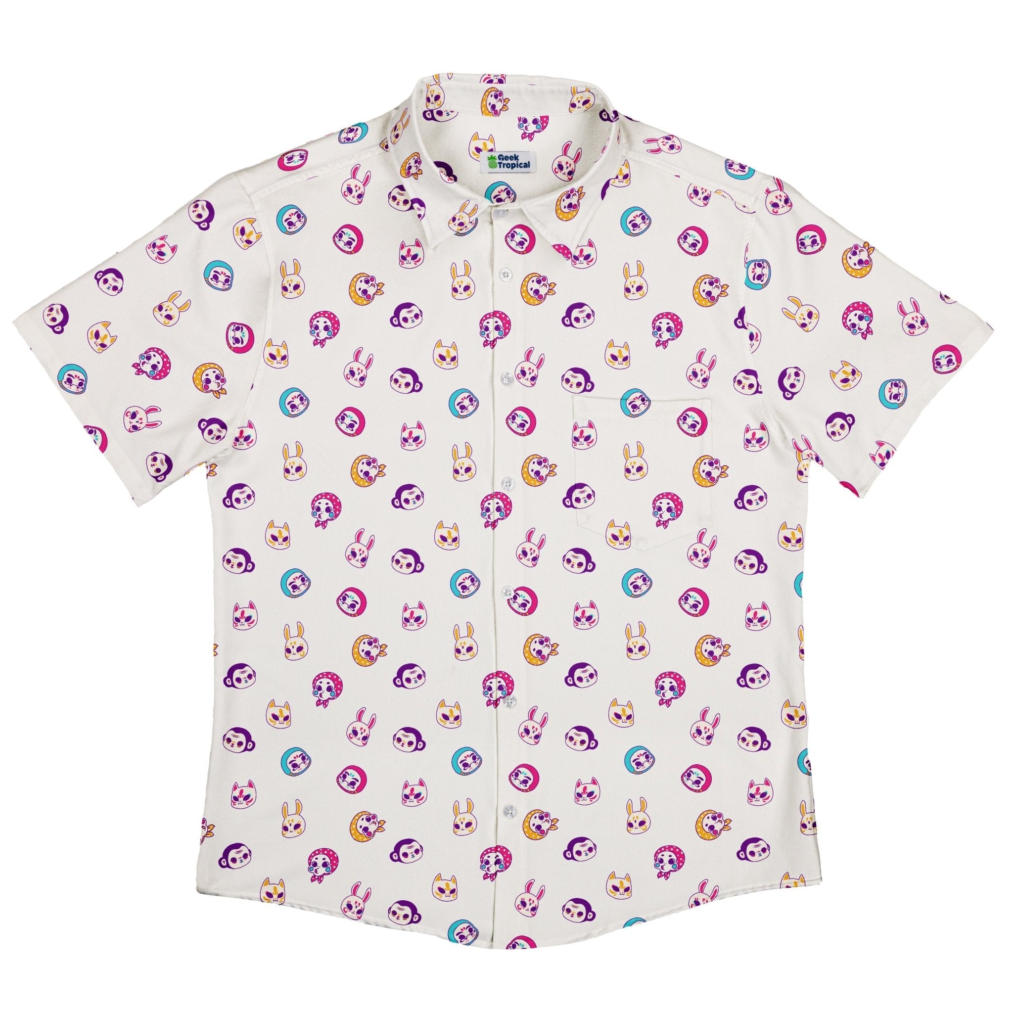 Kawaii Masks Parade Light Button Up Shirt - adult sizing - Anime - Design by Ardi Tong