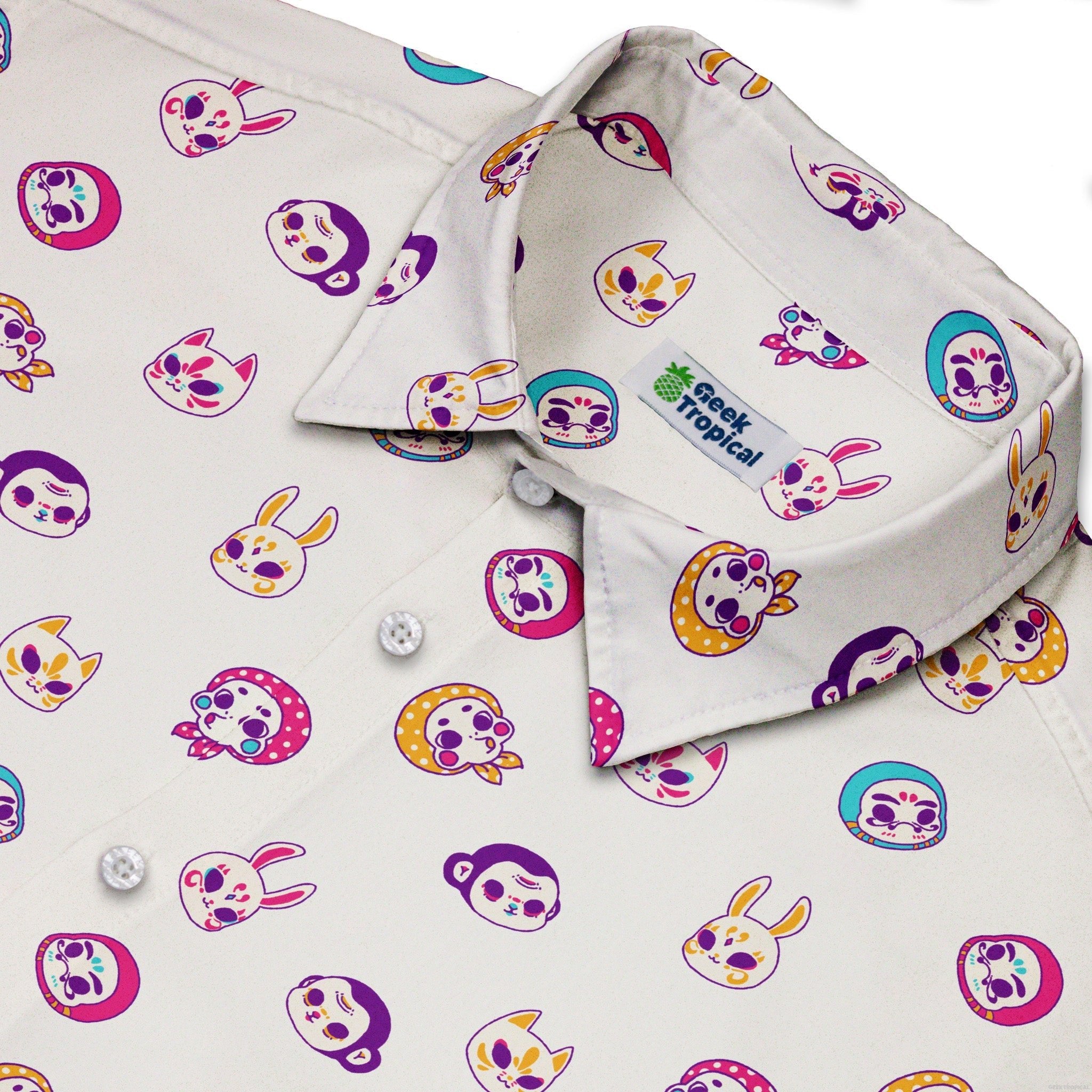 Kawaii Masks Parade Light Button Up Shirt - adult sizing - Anime - Design by Ardi Tong