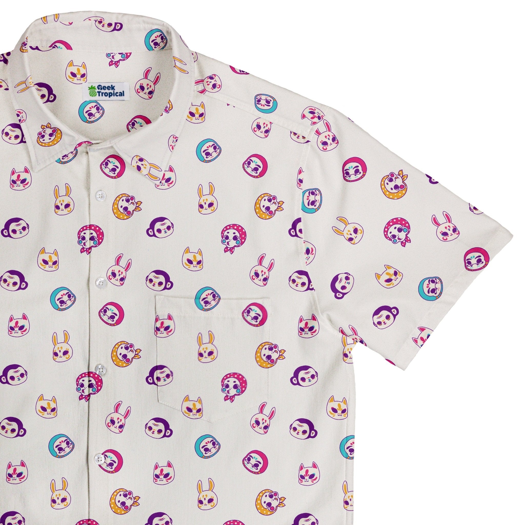 Kawaii Masks Parade Light Button Up Shirt - adult sizing - Anime - Design by Ardi Tong