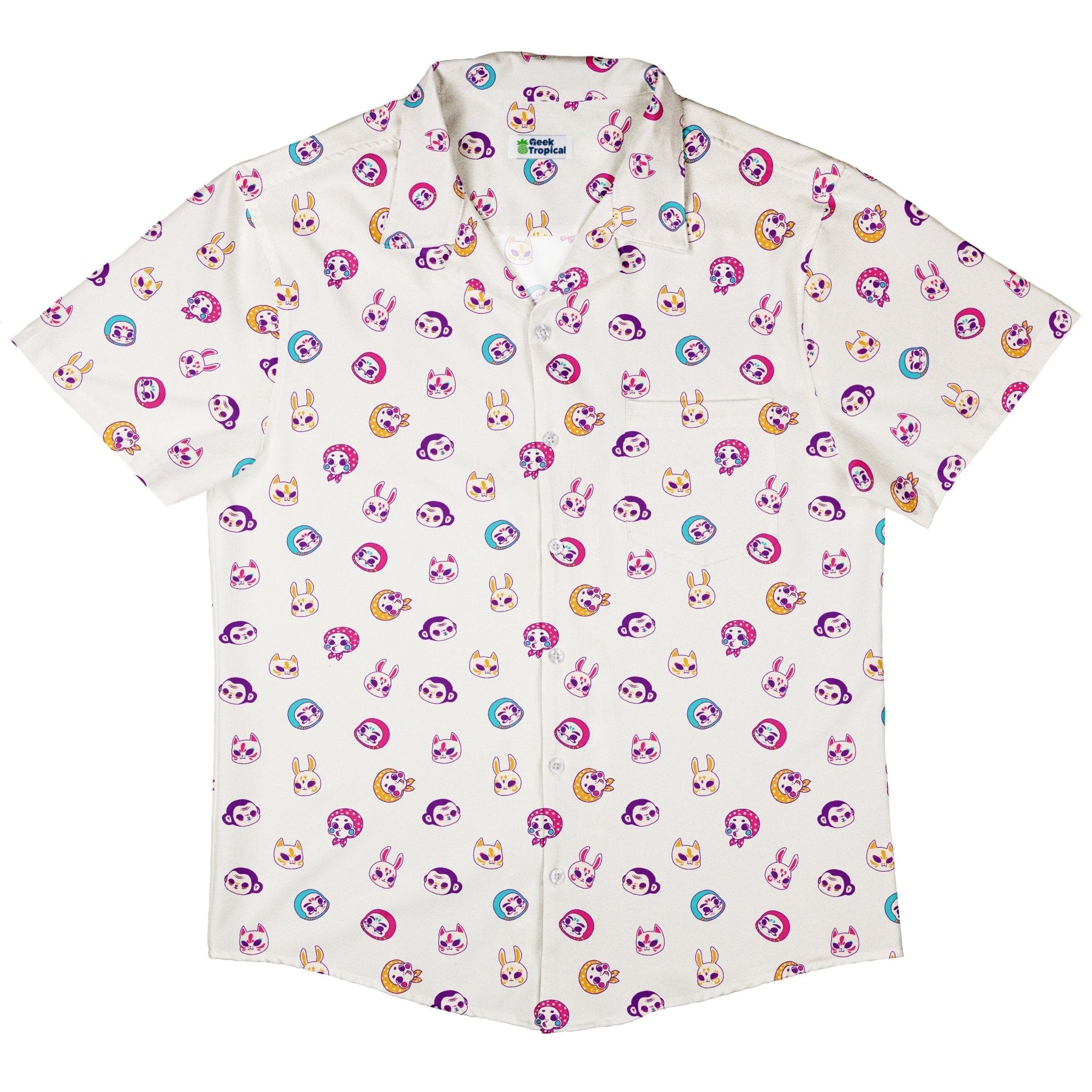 Kawaii Masks Parade Light Button Up Shirt - adult sizing - Anime - Design by Ardi Tong