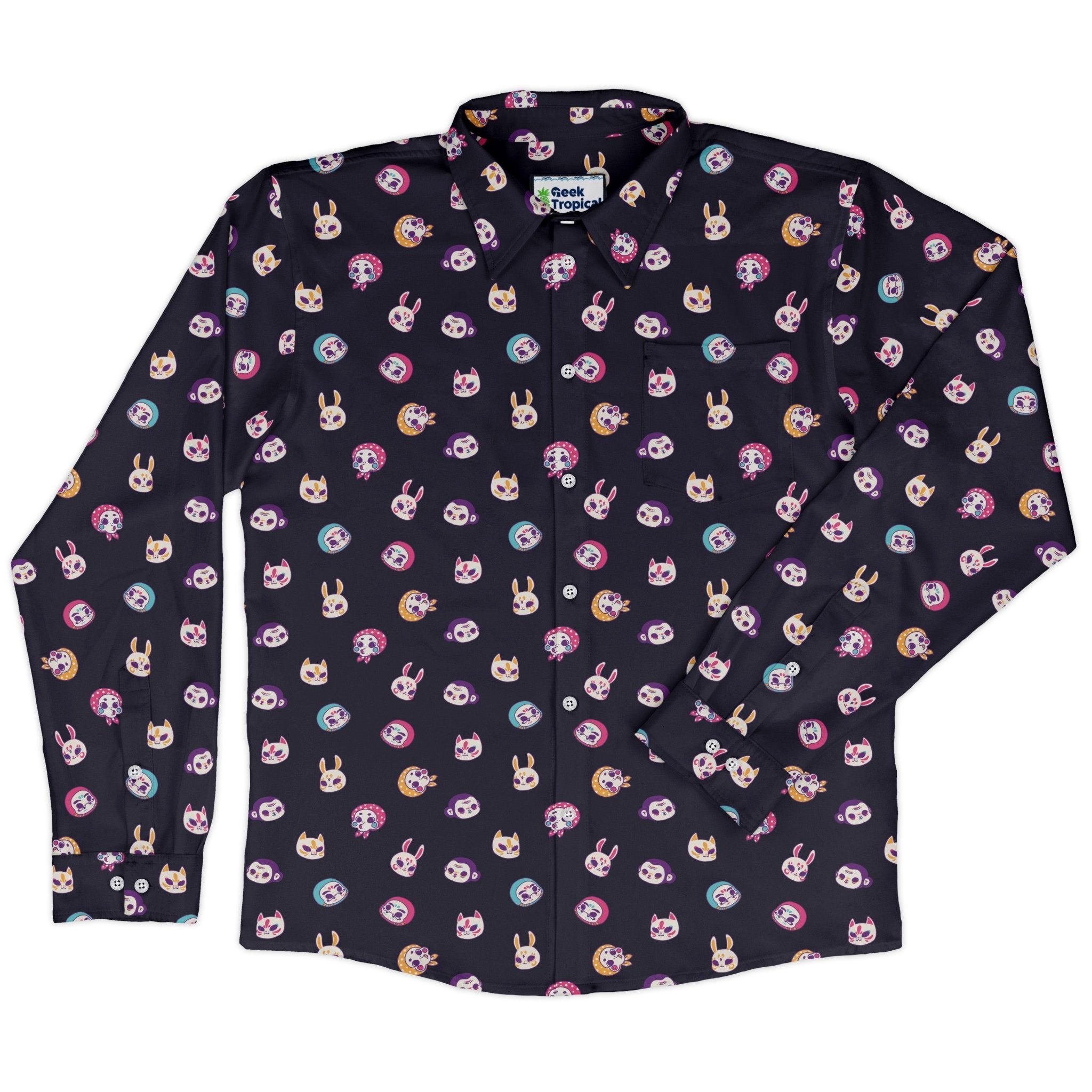 Kawaii Masks Parade Night Long Sleeve Button Up Shirt Geek Nerd adult sizing Anime Design by Ardi Tong