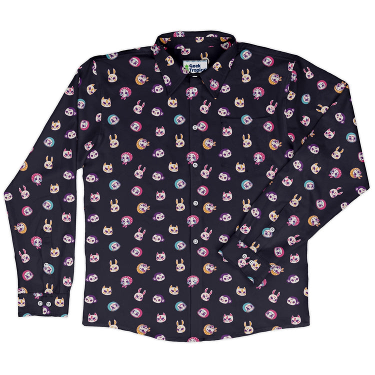Kawaii Masks Parade Night Long Sleeve Button Up Shirt Geek Nerd adult sizing Anime Design by Ardi Tong