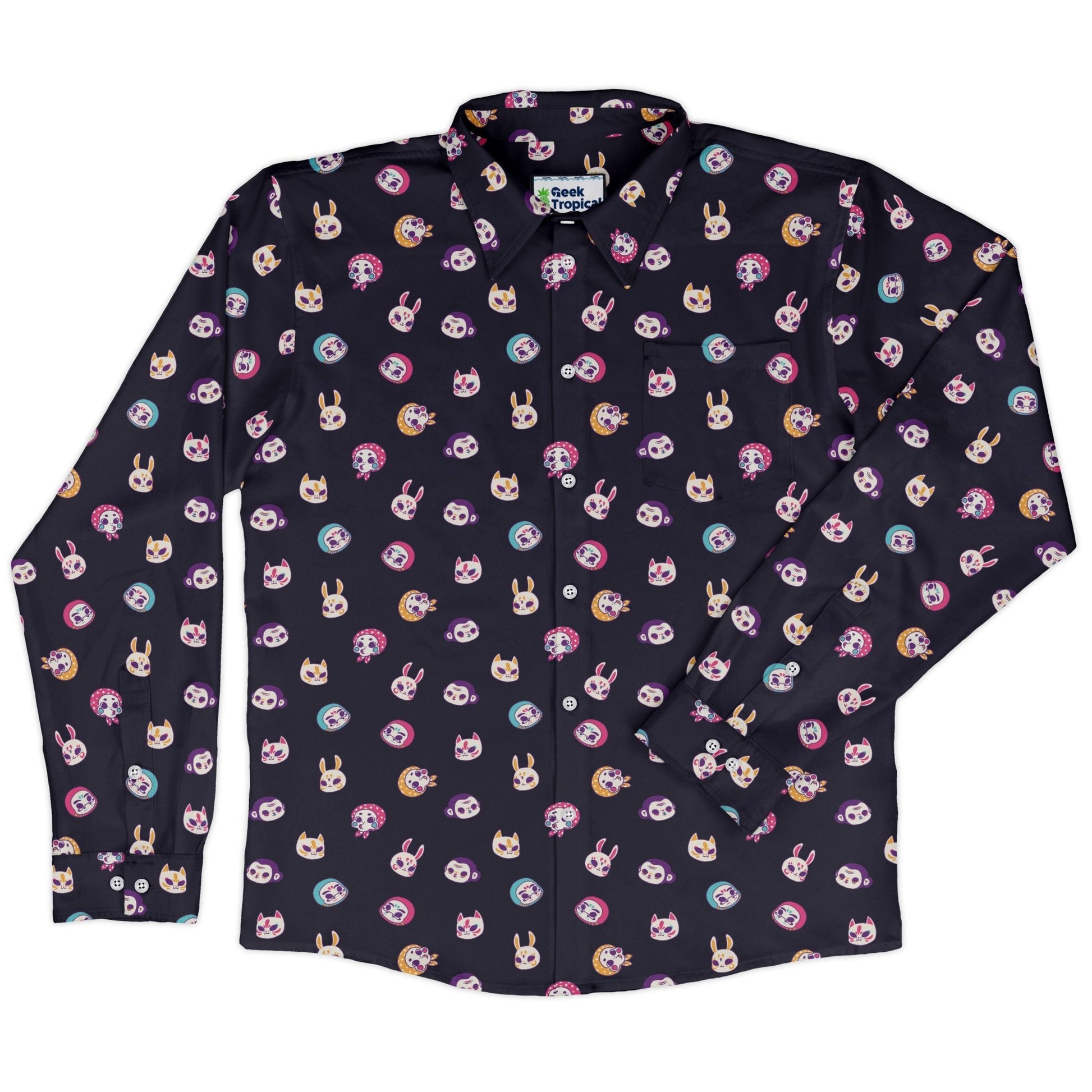 Kawaii Masks Parade Night Long Sleeve Button Up Shirt Geek Nerd adult sizing Anime Design by Ardi Tong