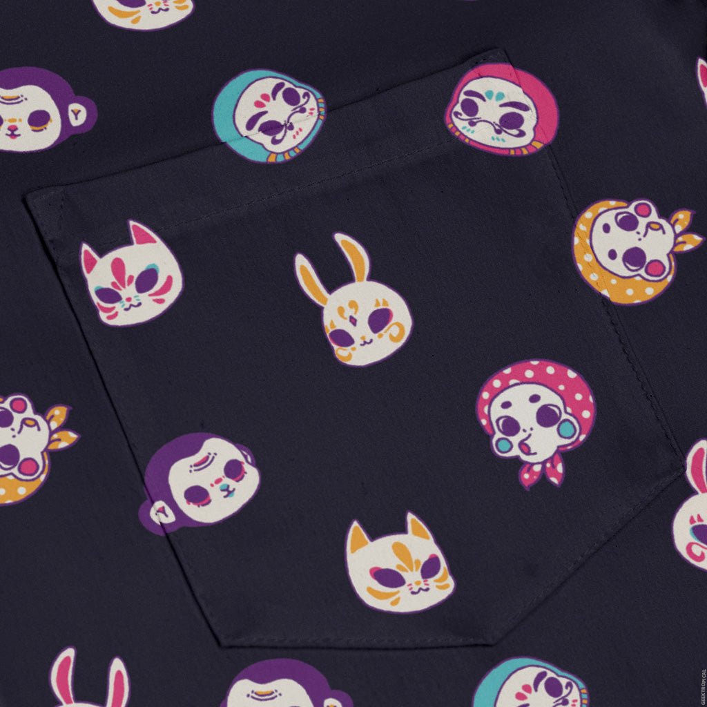 Kawaii Masks Parade Night Long Sleeve Button Up Shirt Geek Nerd adult sizing Anime Design by Ardi Tong