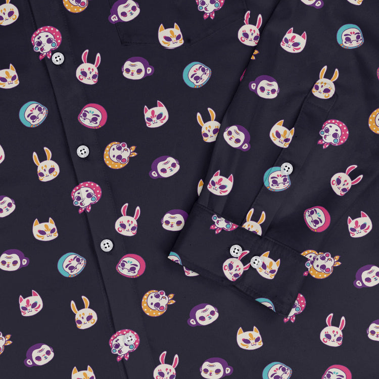 Kawaii Masks Parade Night Long Sleeve Button Up Shirt Geek Nerd adult sizing Anime Design by Ardi Tong