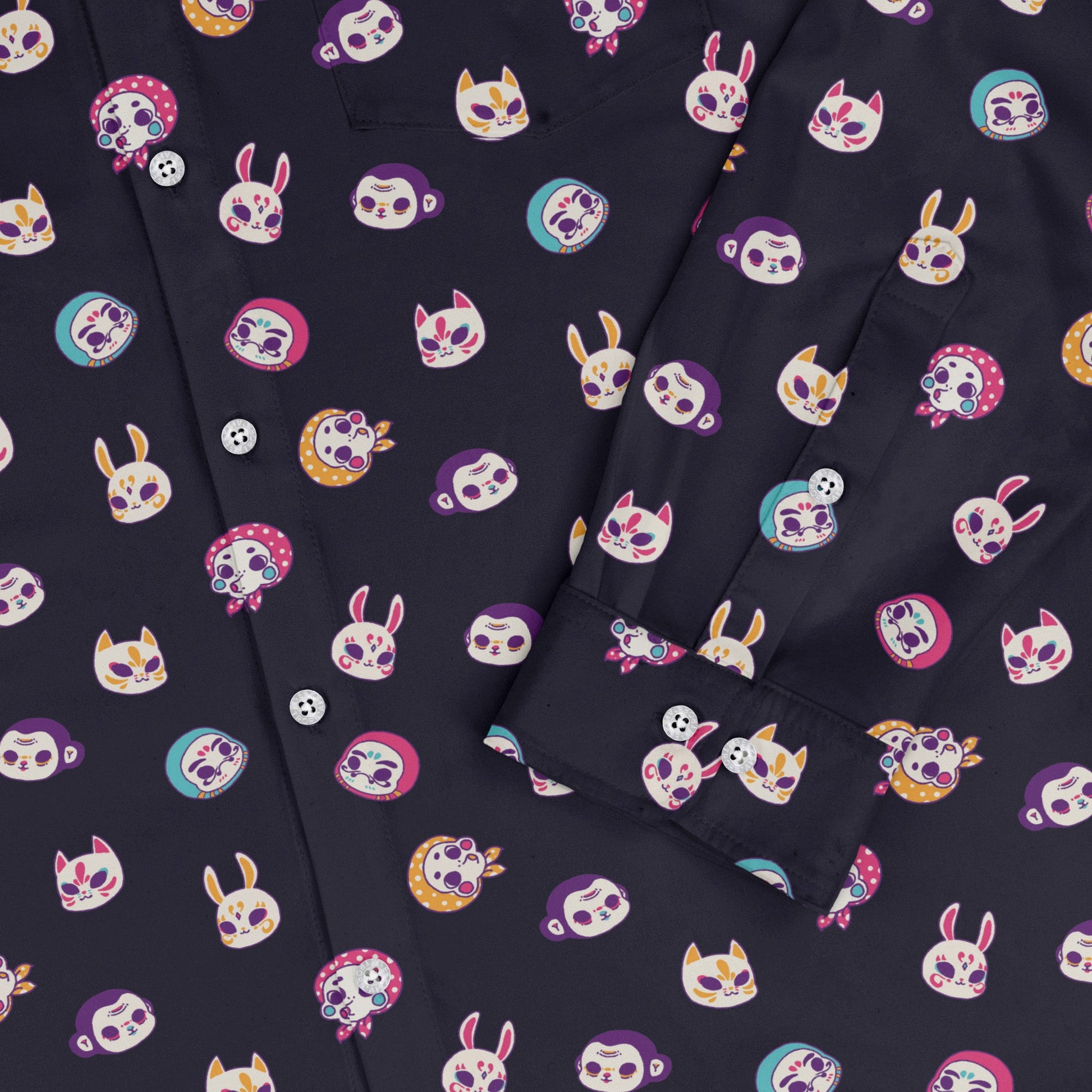 Kawaii Masks Parade Night Long Sleeve Button Up Shirt Geek Nerd adult sizing Anime Design by Ardi Tong