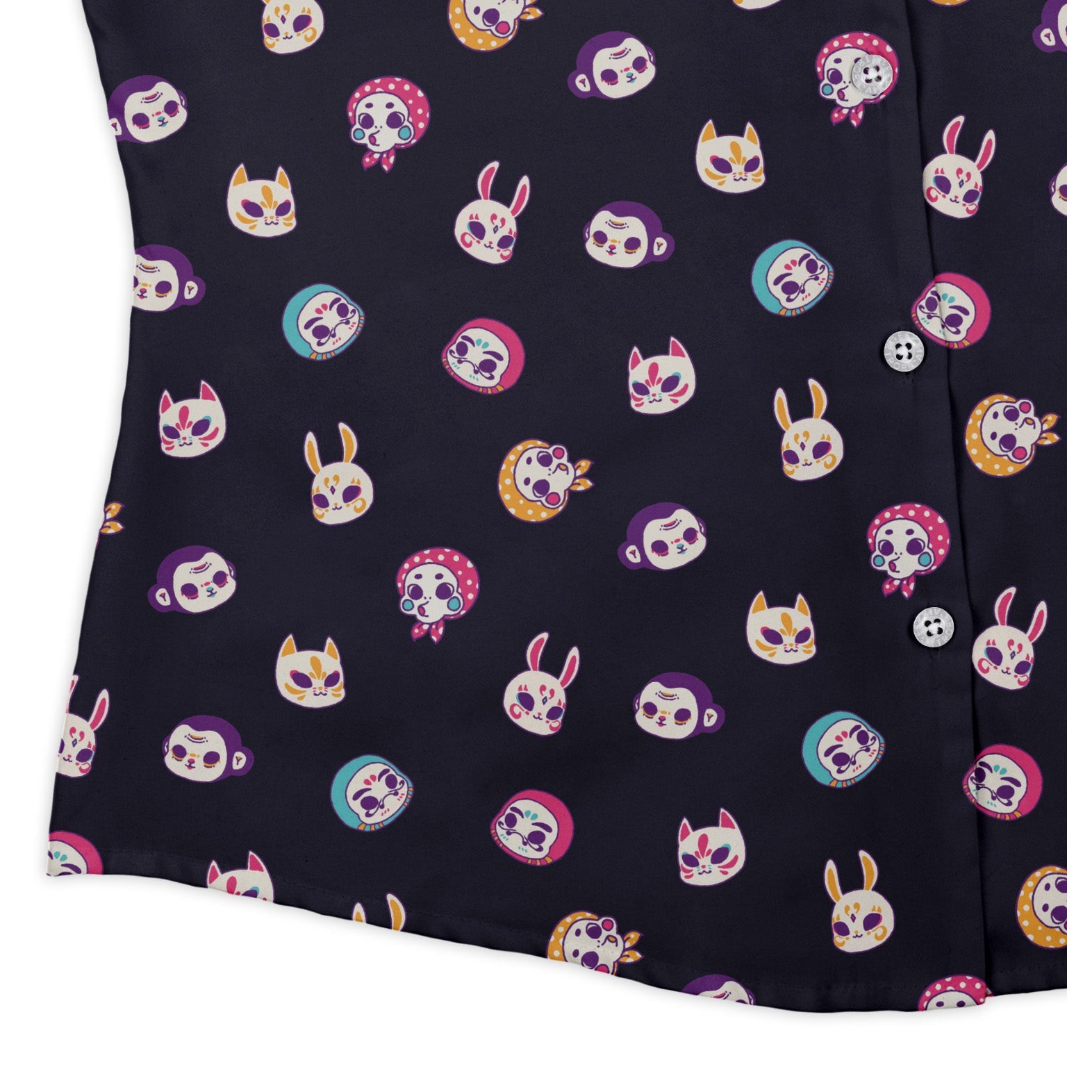 Kawaii Masks Parade Night Curvy Button Up Shirt Geek Nerd Anime Design by Ardi Tong Simple Patterns