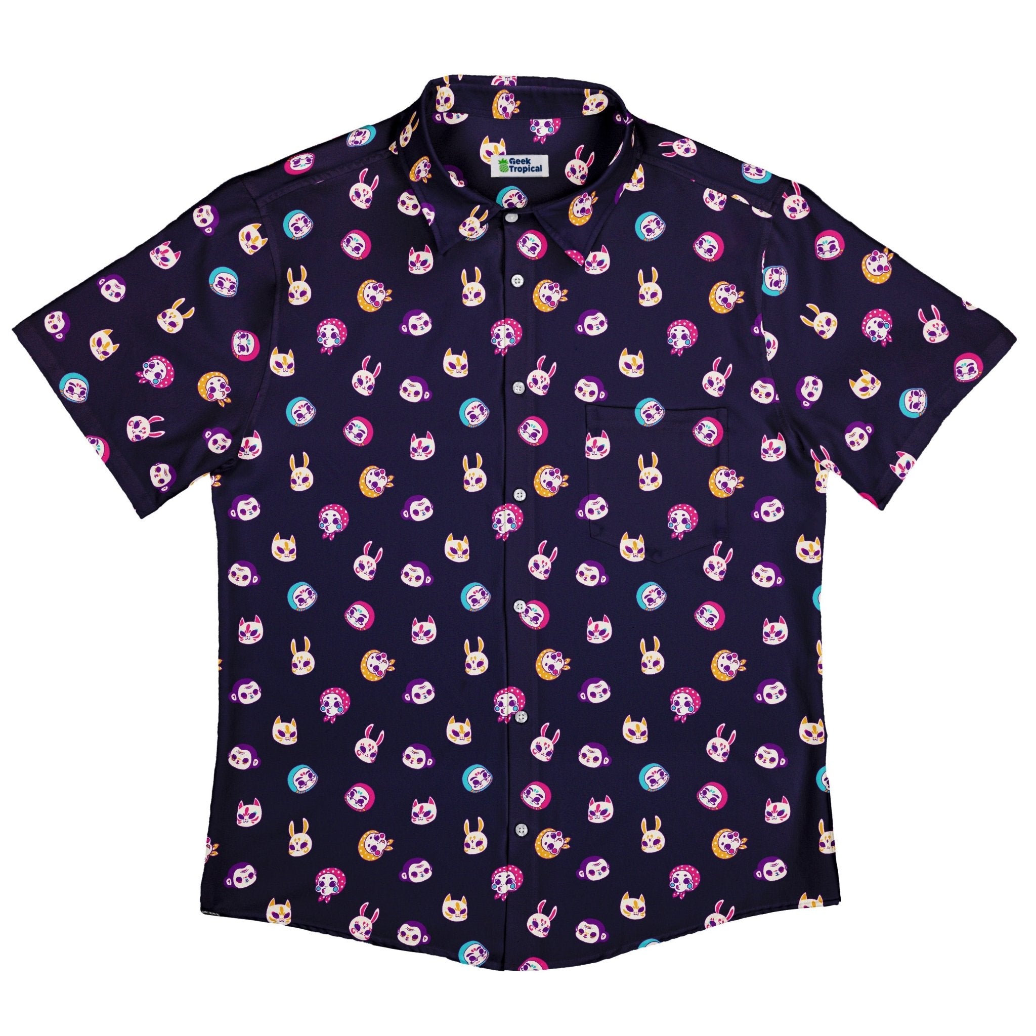 Kawaii Masks Parade Night Button Up Shirt - adult sizing - Anime - Design by Ardi Tong